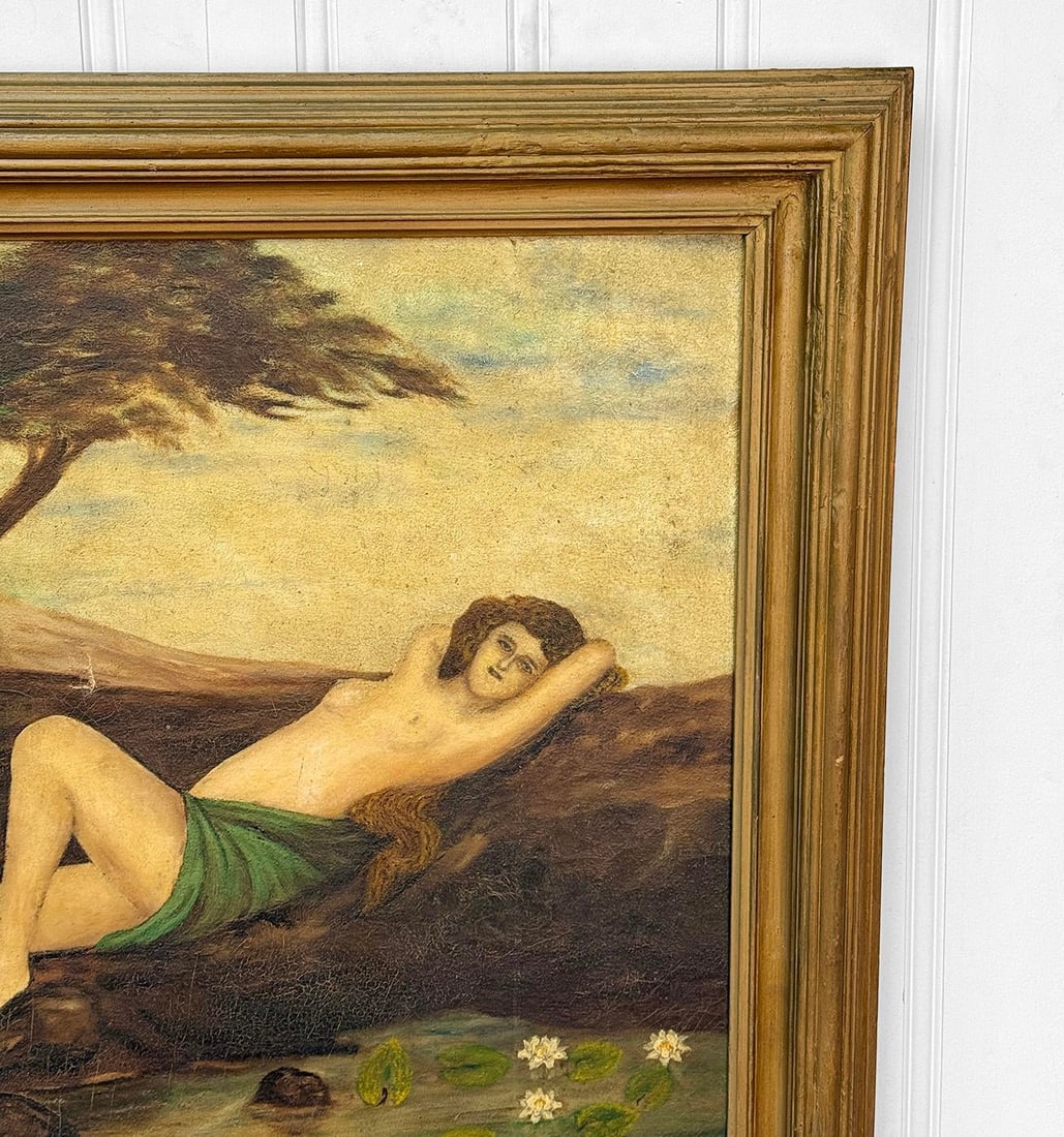 Antique Art Nouveau Nude Women "Water Flower" Signed Oil on Canvas Painting - 7