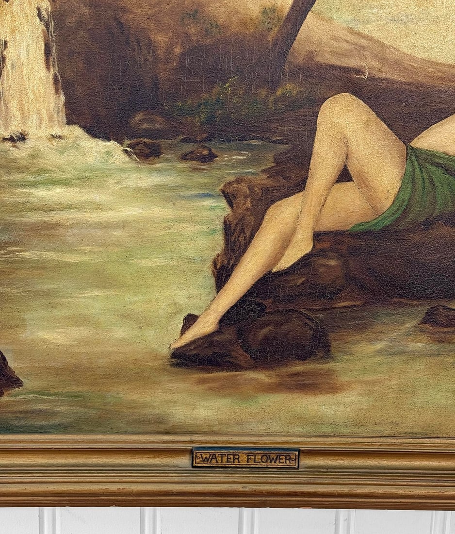 Antique Art Nouveau Nude Women "Water Flower" Signed Oil on Canvas Painting - 8