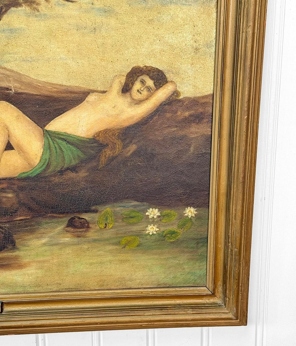 Antique Art Nouveau Nude Women "Water Flower" Signed Oil on Canvas Painting - 9