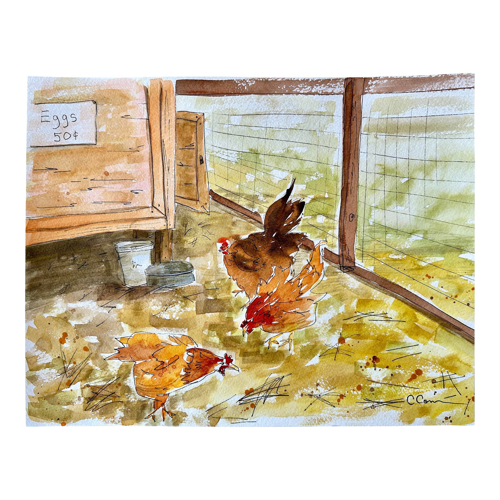 Original Watercolor Painting "Holly's Chicken Yard": Original watercolor painting of these adorable chickens in my daughter "Holly's Chicken Yard." They provide the family with beautiful eggs in whites, browns, and blues. The painting is 14 x 11