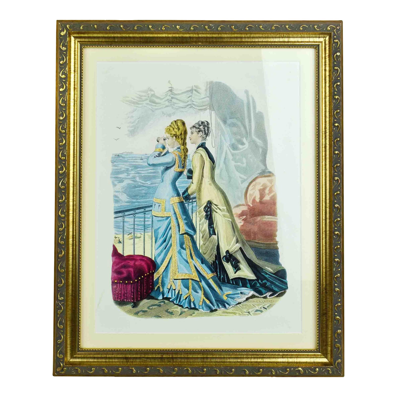 Early 20th Century Victorian Fashion Plate European Periodical Print Framed Reproduction: This exquisite early 20th century hand-colored fashion print captures the peak of Victorian coastal elegance. Depicting two sophisticated women on a seaside balcony, the print is a masterclass in peri