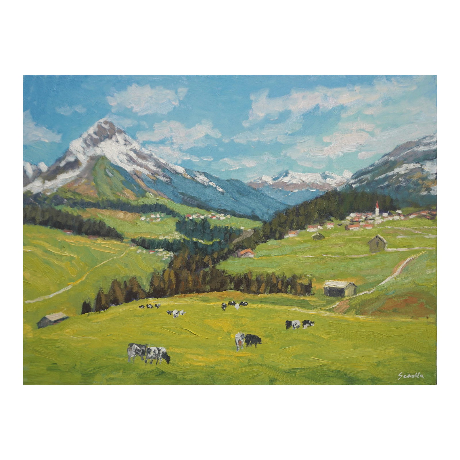 Original Oil Landscape of Albes Mountain: Original oil painting by Sean Wu, The beautiful Alps scenery: lush green grass, cows grazing, and white houses shimmering in the sunlight in the distance. Condition: Imperfections: No Imperfections