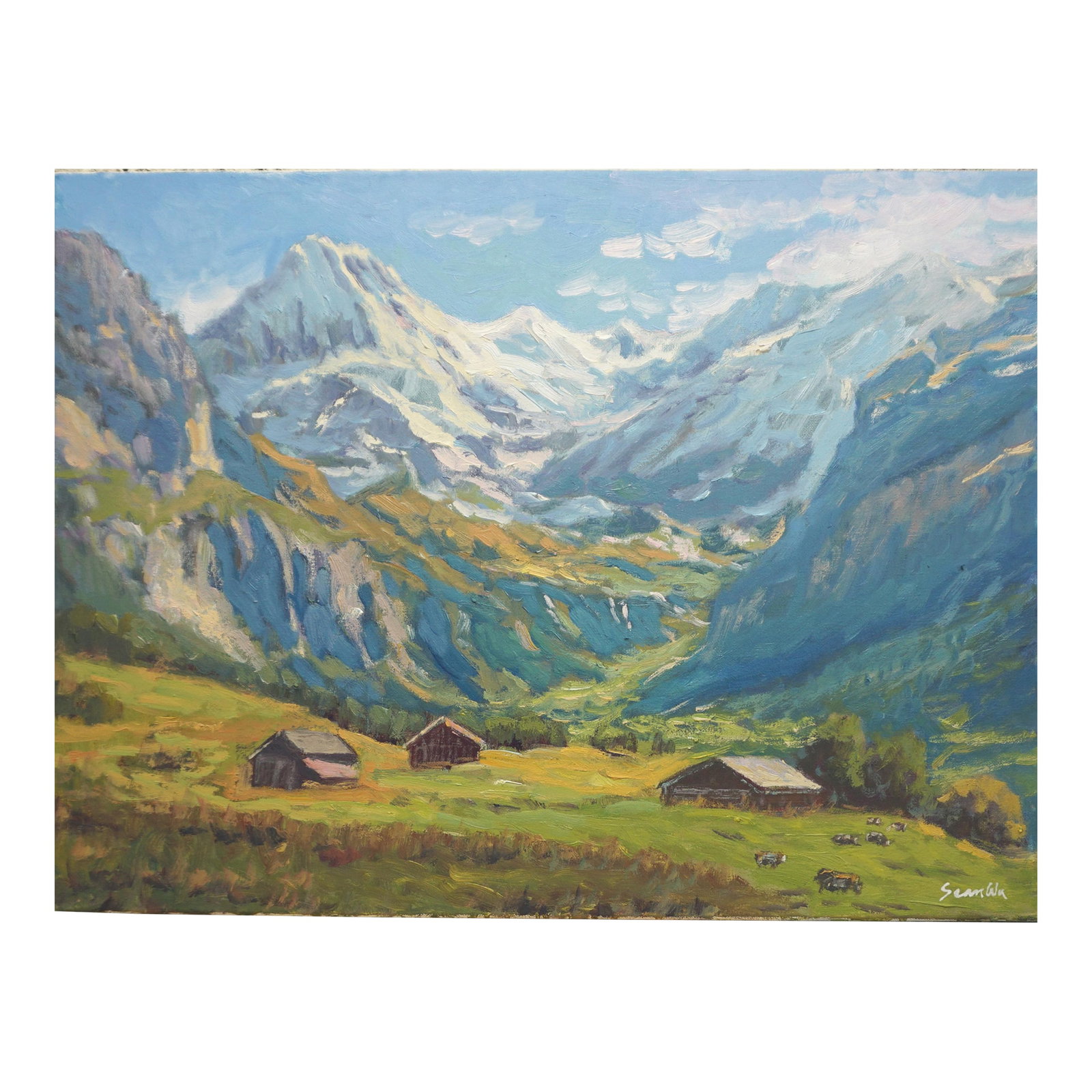Original Oil Landscape of Albes Mountain: Original oil painting by Sean Wu, Beautiful Alpine scenery, lush green grass, and cows grazing. Condition: Imperfections: No Imperfections Origin: United States Materials & Techniques: Oil Paint