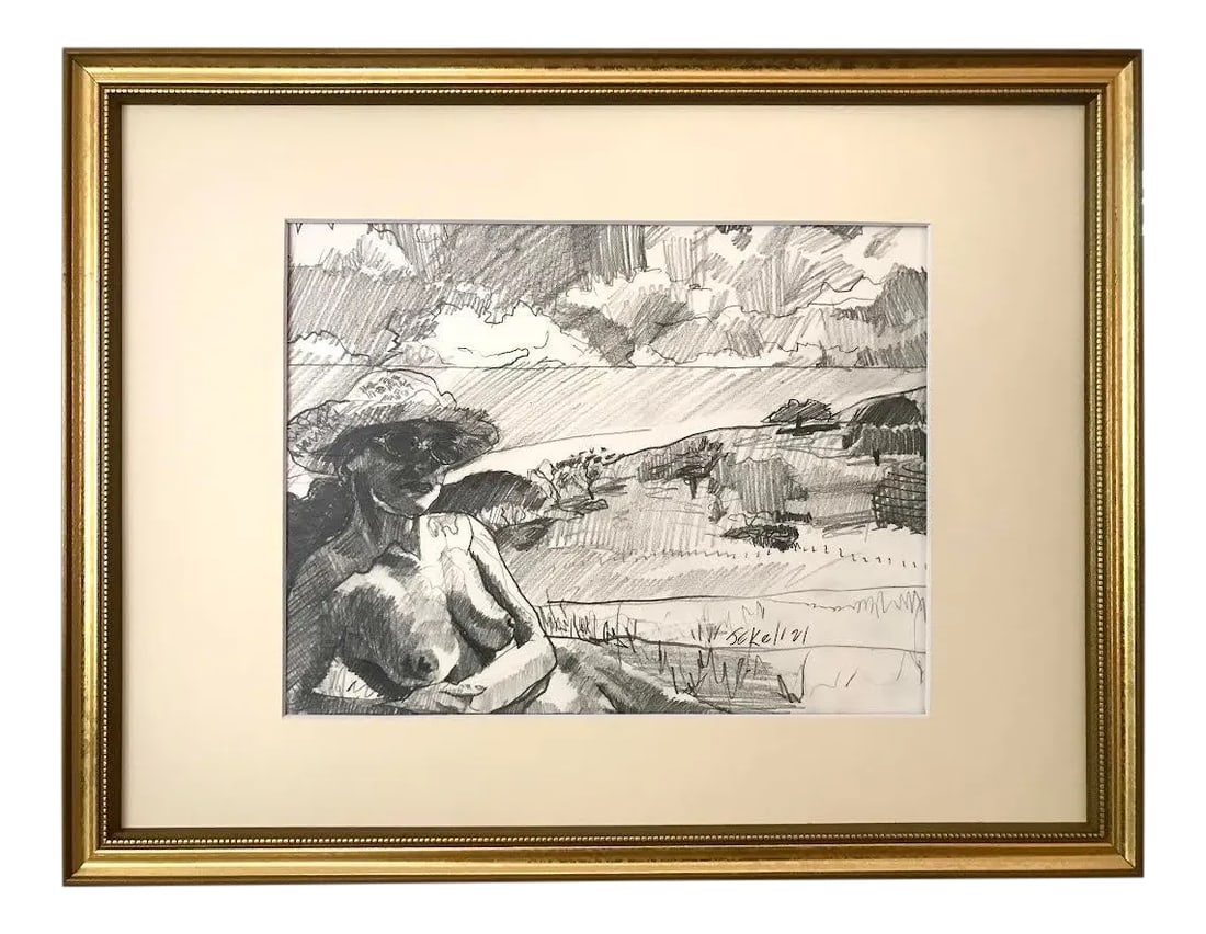 Nude Woman in a Landscape Original Drawing by Darren Jekel California Artist: An original drawing of a Nude female in a landscape pencil on paper signed lower right. Presented in archival matte and framed in a contemporary gallery frame. ARTIST STATEMENT I am the kind of guy