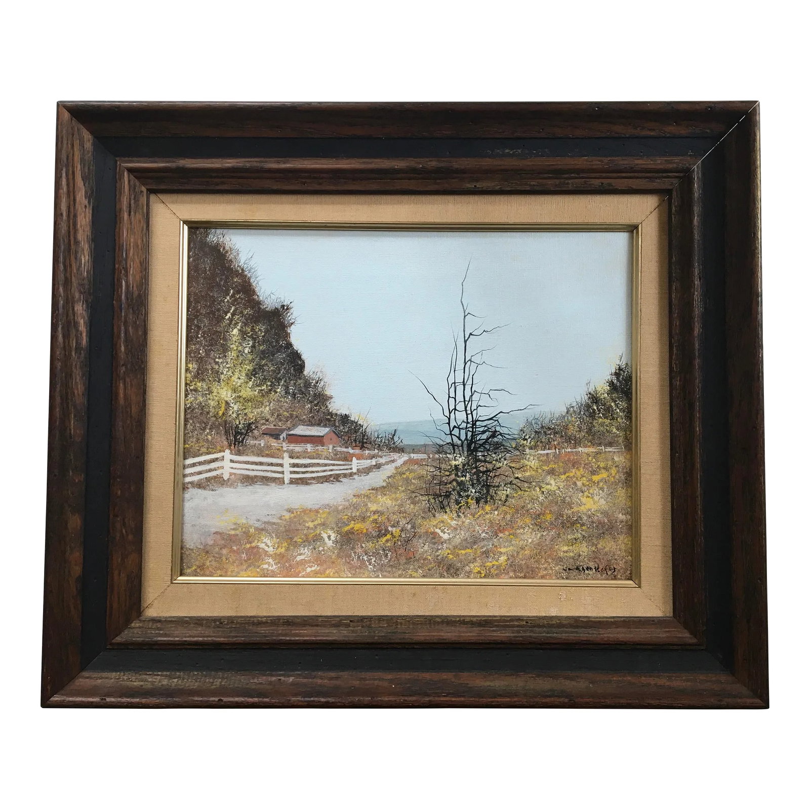 Late 20th Century " Mountainside Farm" Realist Rustic Landscape Oil Painting by John Lewis Egenstafe: Original Oil on Canvas Landscape Painting by listed Artist John L. Egenstafer. Signed lower right. The painting is of a fenced farm with a barn and an out building on an unpaved road. The artist's sig