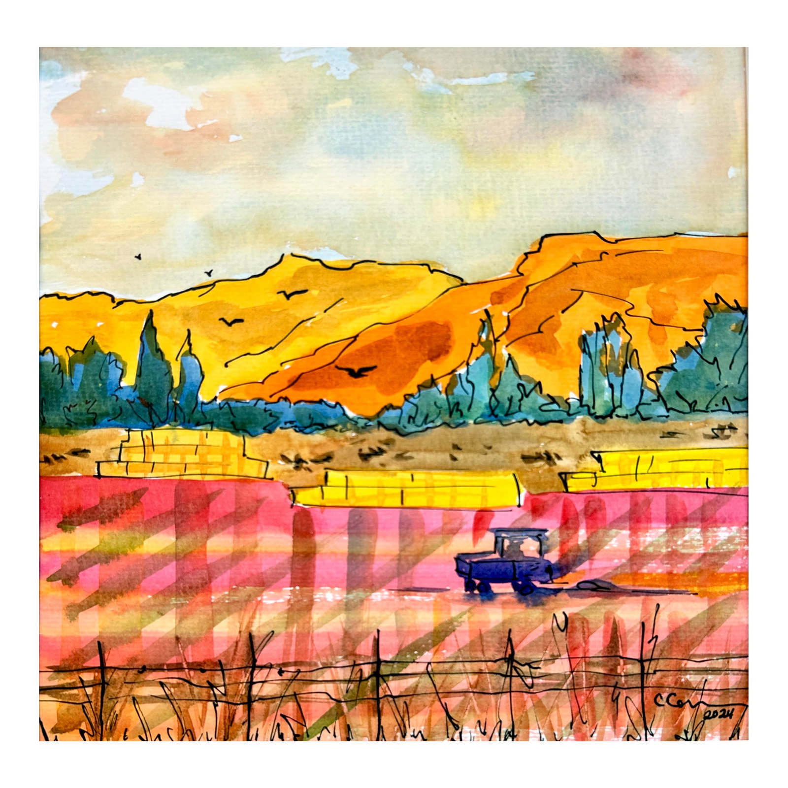 Original Watercolor Painting "Making Hot Pink Hay": Original watercolor painting on paper of the view from my art studio. "Making Hot Pink Hay". 11 x 11 inches. No mat included. All Archival materials. Unframed. No AI was used to create this painting.