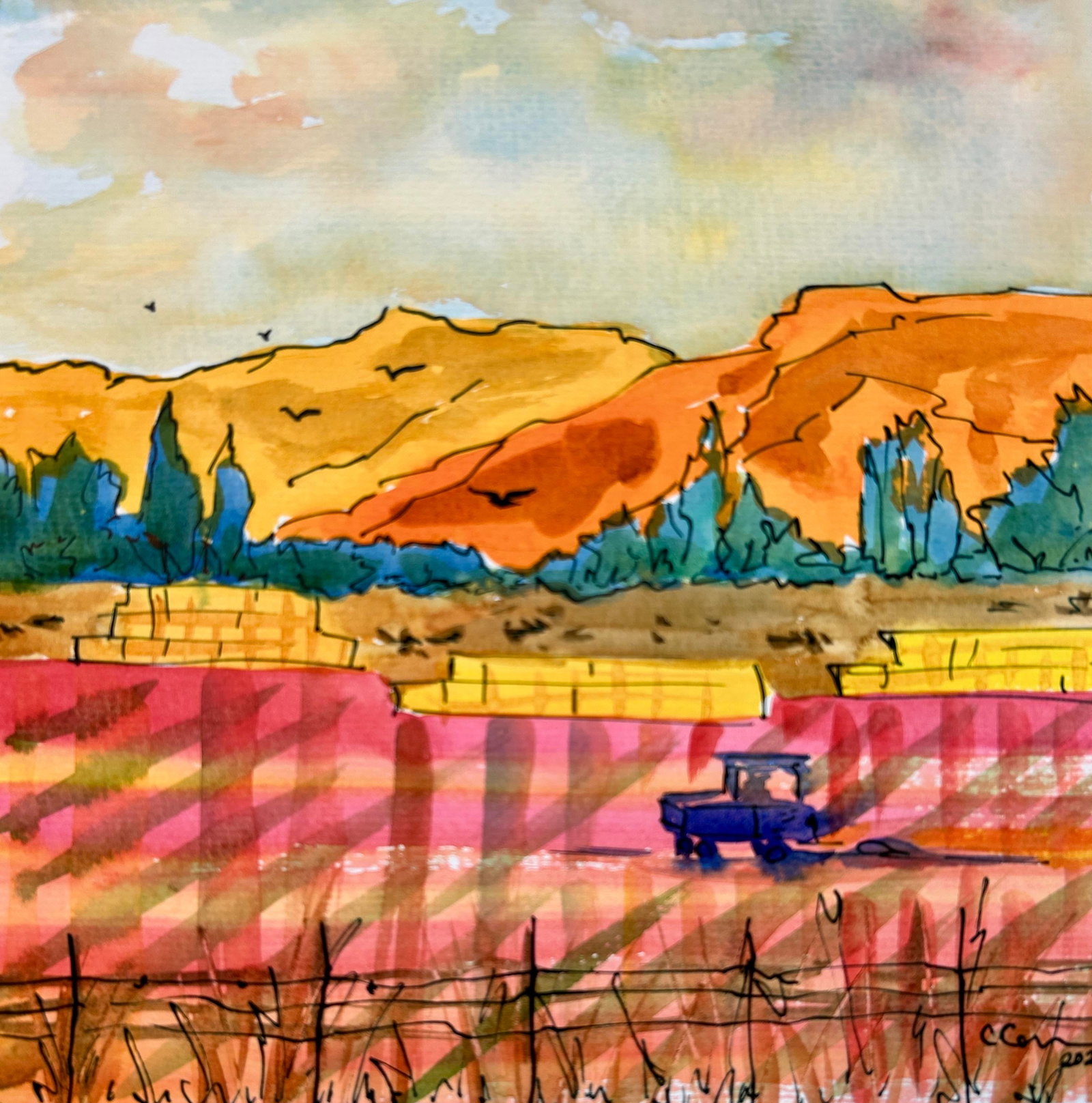 Original Watercolor Painting "Making Hot Pink Hay" - 2