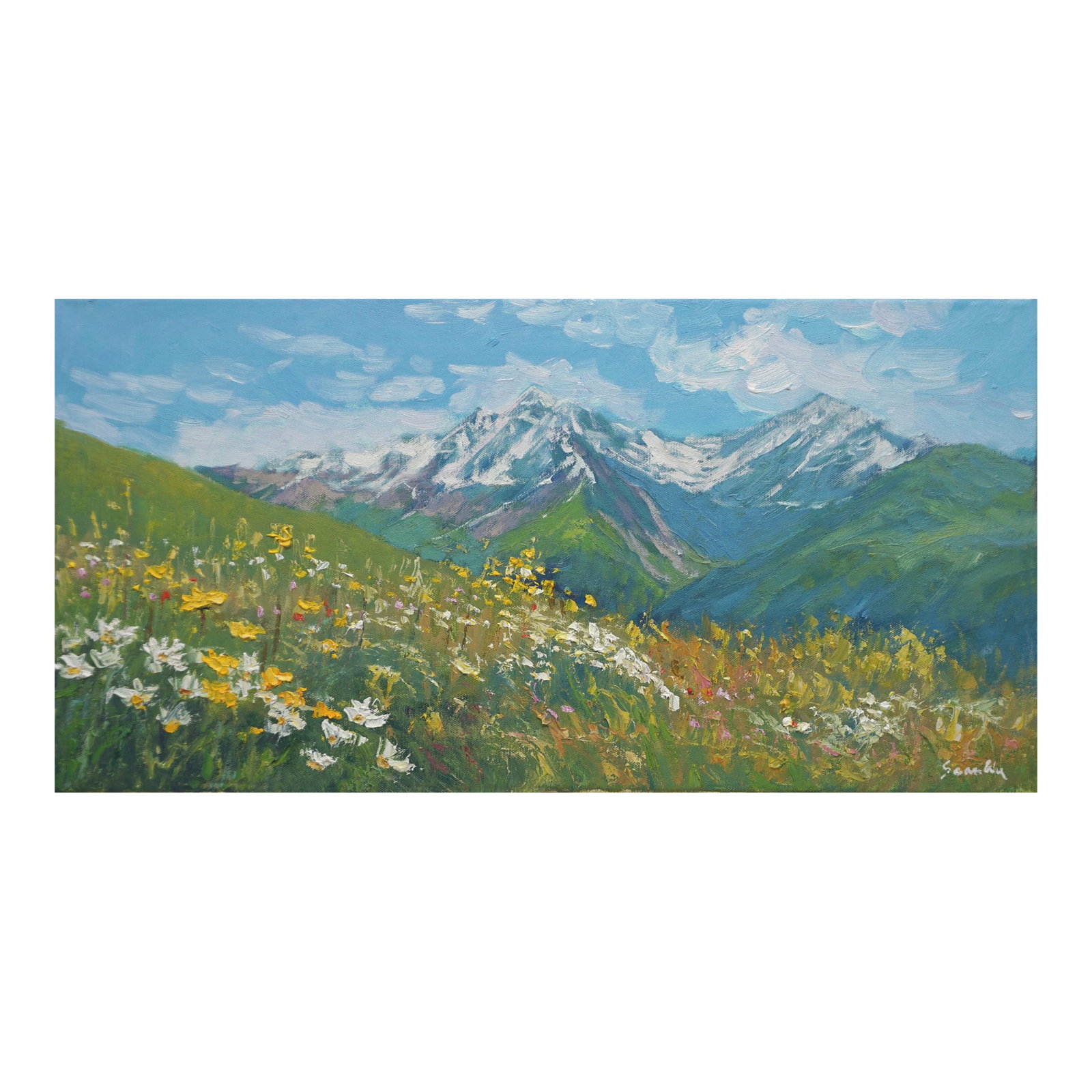 Original Oil Painting of Albes Mountain: Original oil painting by Sean Wu, Beautiful Alps scenery, wildflowers blooming on the hillside in the sunlight. Condition: Imperfections: No Imperfections Origin: United States Materials &
