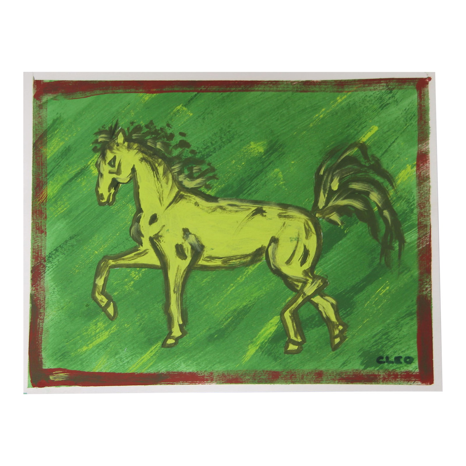 Expressionist Horse Green Landscape Minimalism Brick Red Border Original Painting Cleo Plowden (1 of 3)