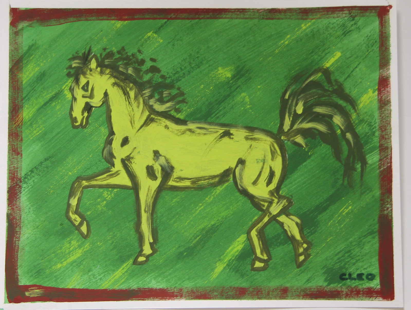 Expressionist Horse Green Landscape Minimalism Brick Red Border Original Painting Cleo Plowden - 2