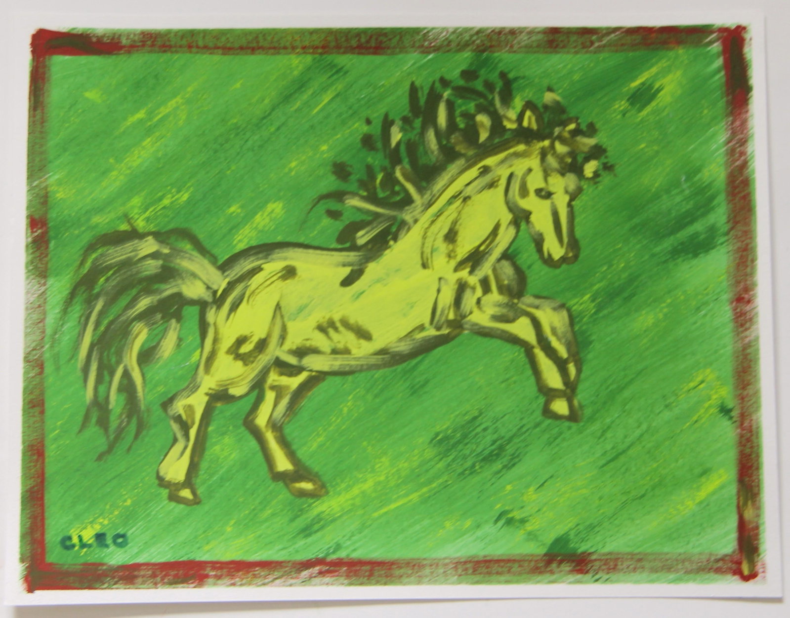 Expressionist Horse Green Landscape Minimalism Brick Red Border Original Painting Cleo Plowden - 3