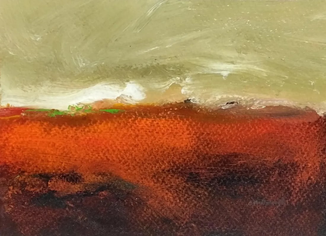 "Waiting for the Green Flash" Contemporary Original Abstract Seascape Acrylic Painting: "Waiting for the Green Flash" is an original acrylic 7" W x 5" H seascape painting on Italian Fabriano watercolor paper by Linda McDonough. 8" x 10" mat and backer board are archival conservation qual