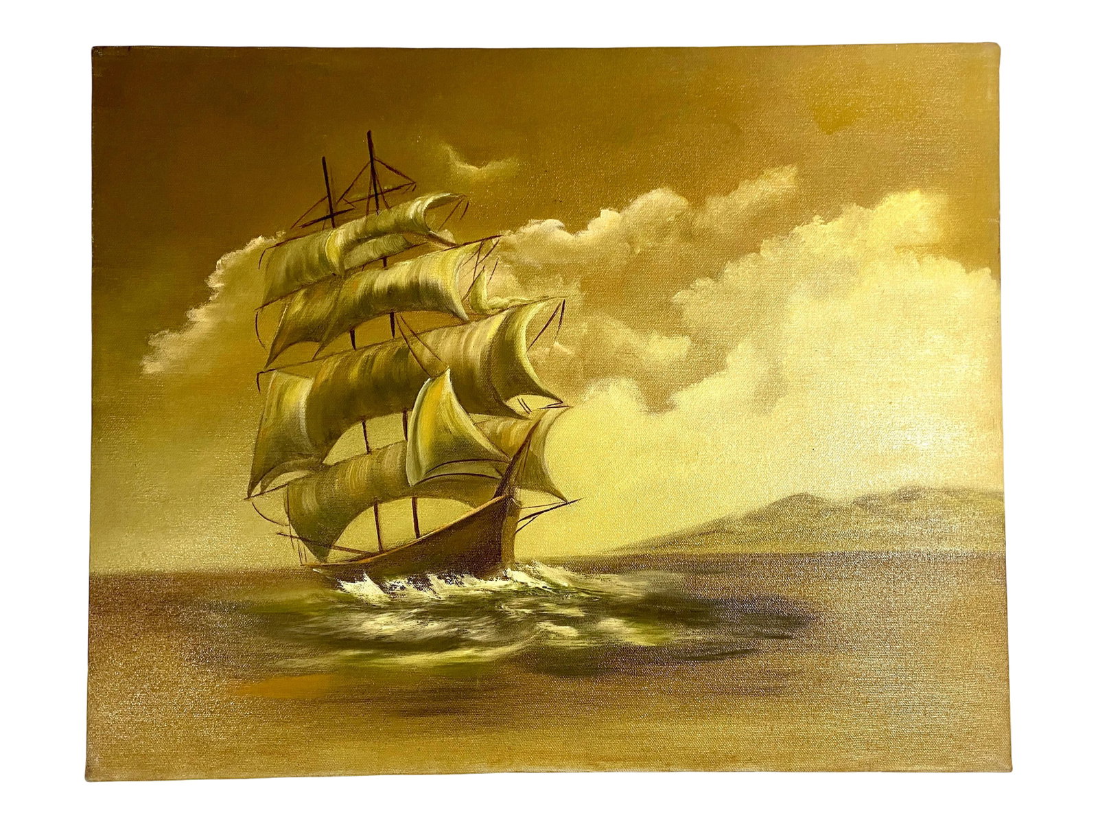 Mid 20th Century Seascape with Clippership Oil Painting: This is an original oil by Southern California artist JH Bicknell. It is a colonial tallship on the stormy seas with golden tones epicting a gloomy sunset. Condition: Alterations: Original Condition