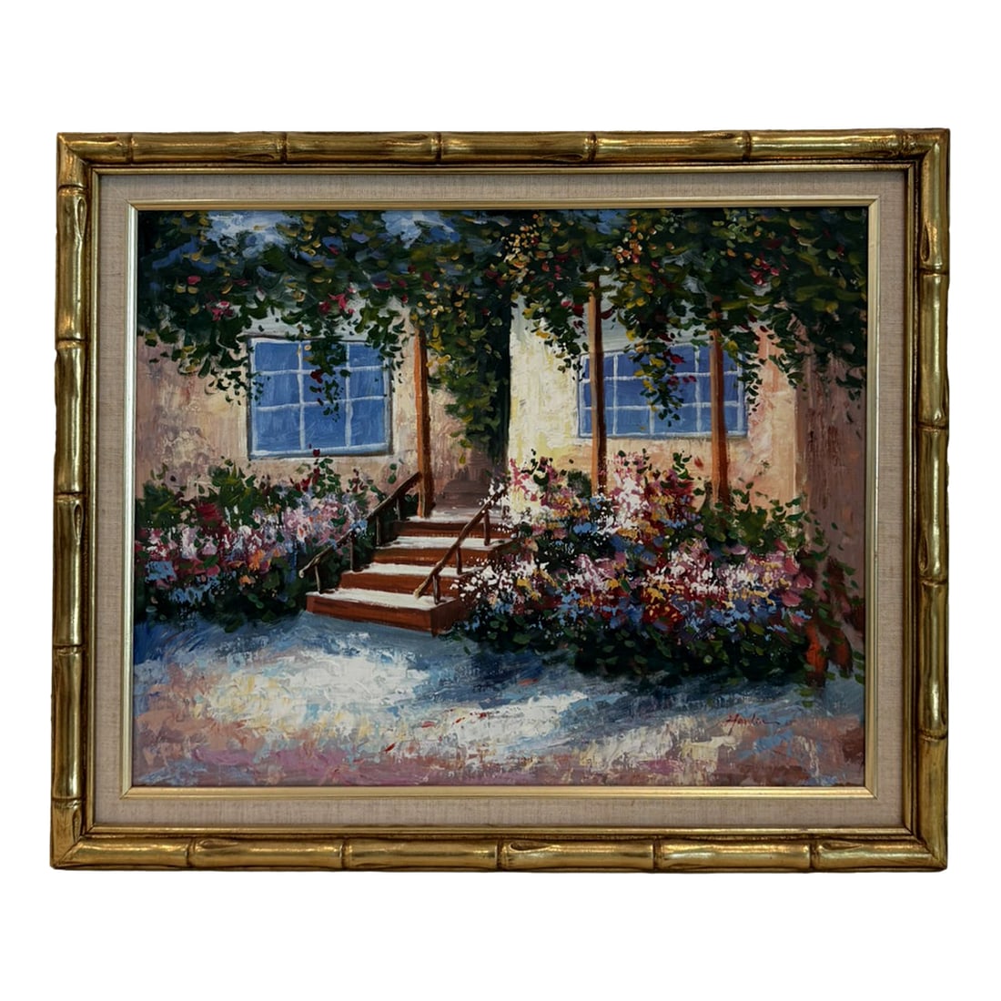 Vintage Framed Cottage Garden Entry Oil Painting With Gold Bamboo Frame (1 of 10)