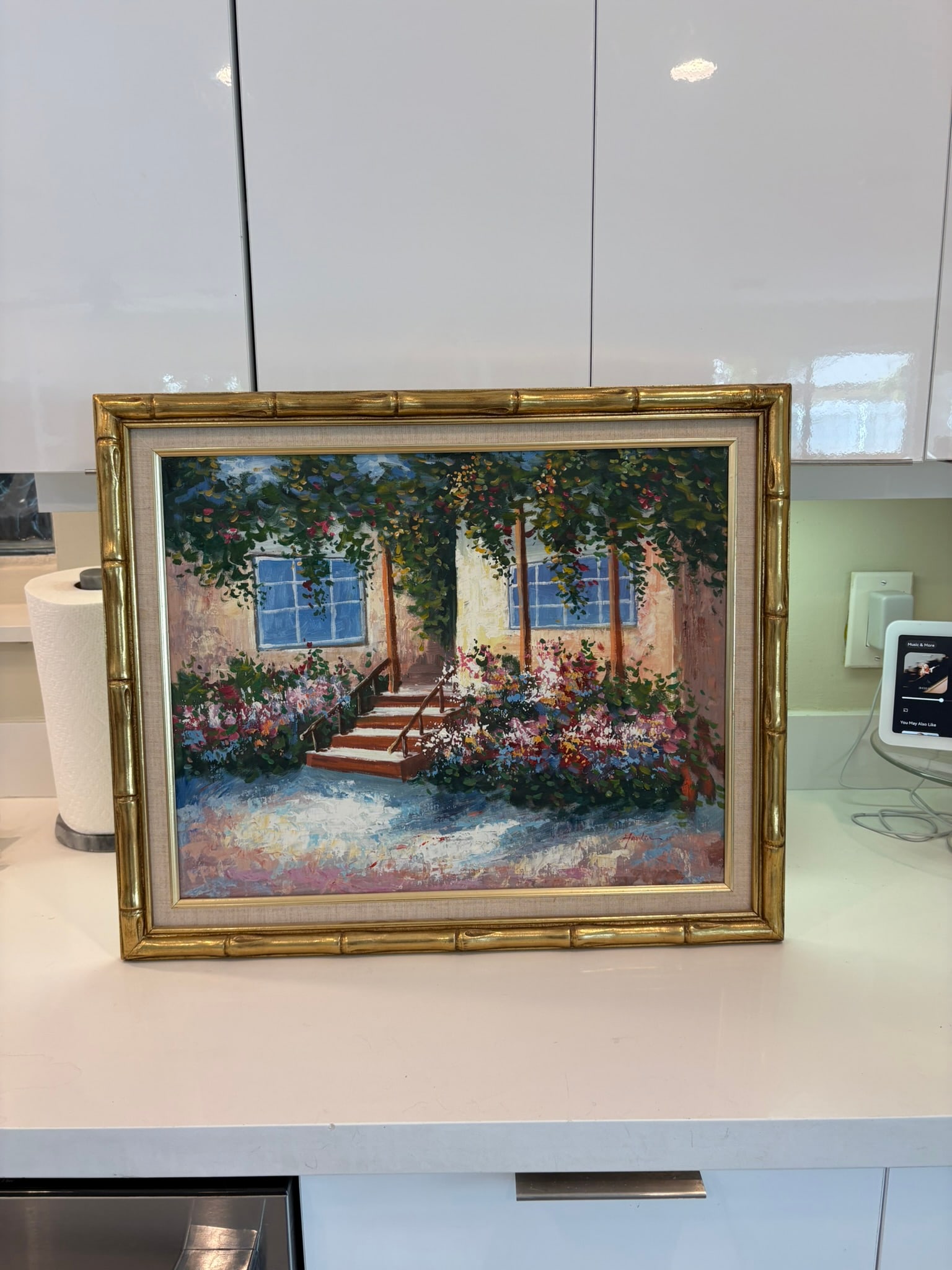 Vintage Framed Cottage Garden Entry Oil Painting With Gold Bamboo Frame - 2