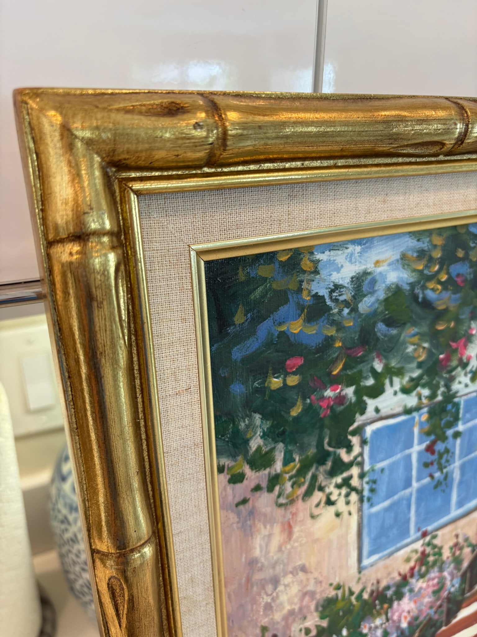 Vintage Framed Cottage Garden Entry Oil Painting With Gold Bamboo Frame - 3