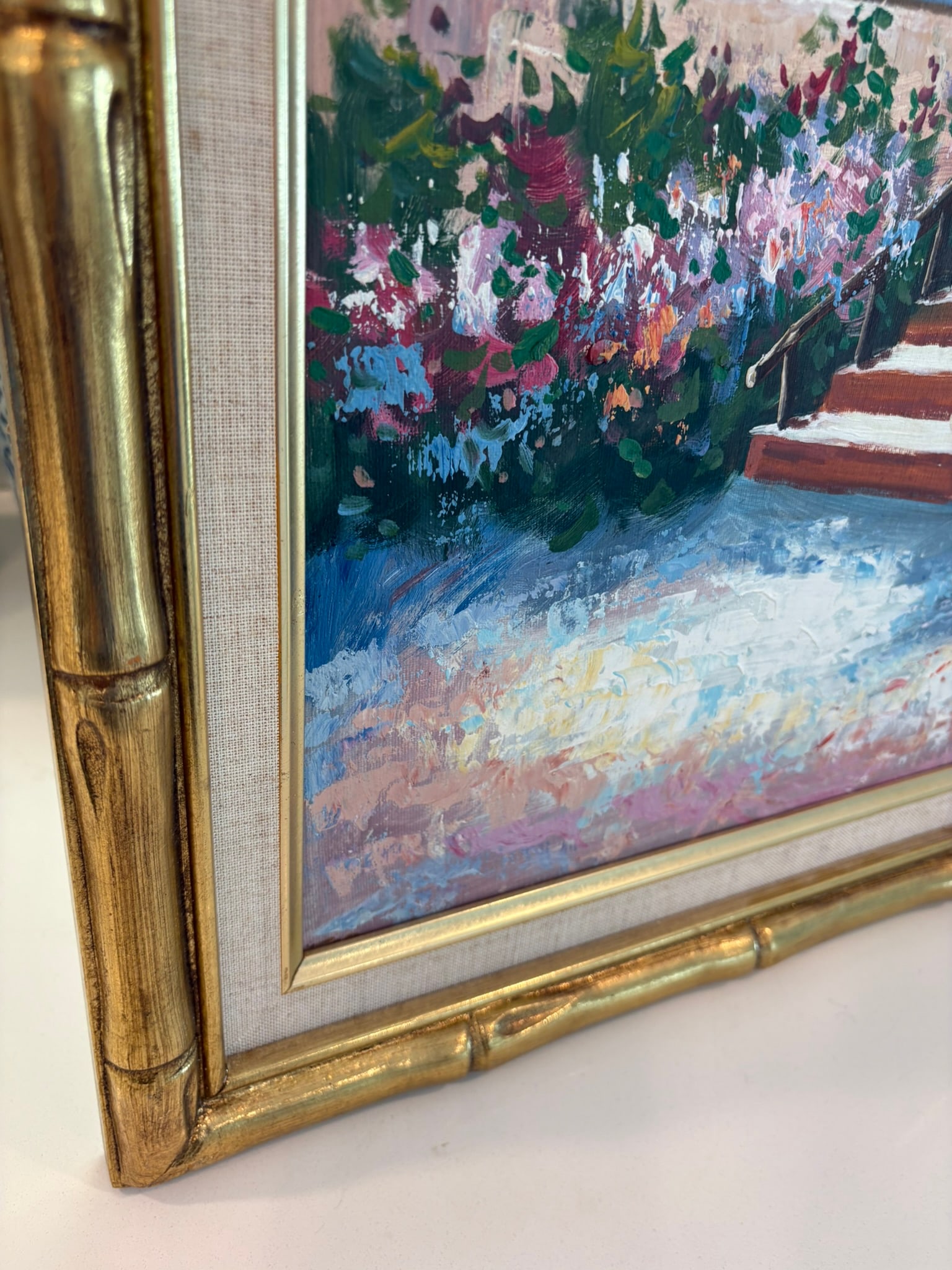 Vintage Framed Cottage Garden Entry Oil Painting With Gold Bamboo Frame - 4