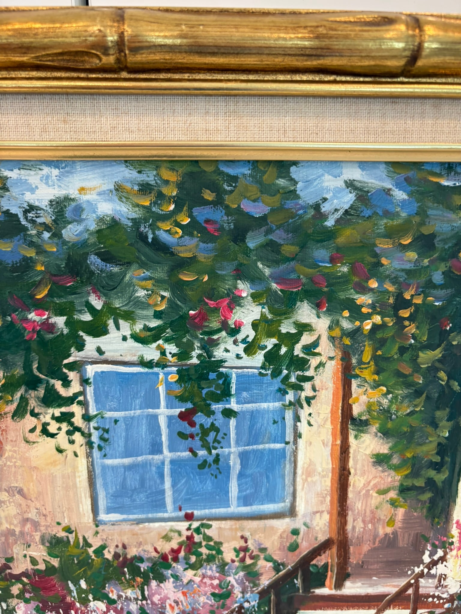 Vintage Framed Cottage Garden Entry Oil Painting With Gold Bamboo Frame - 5
