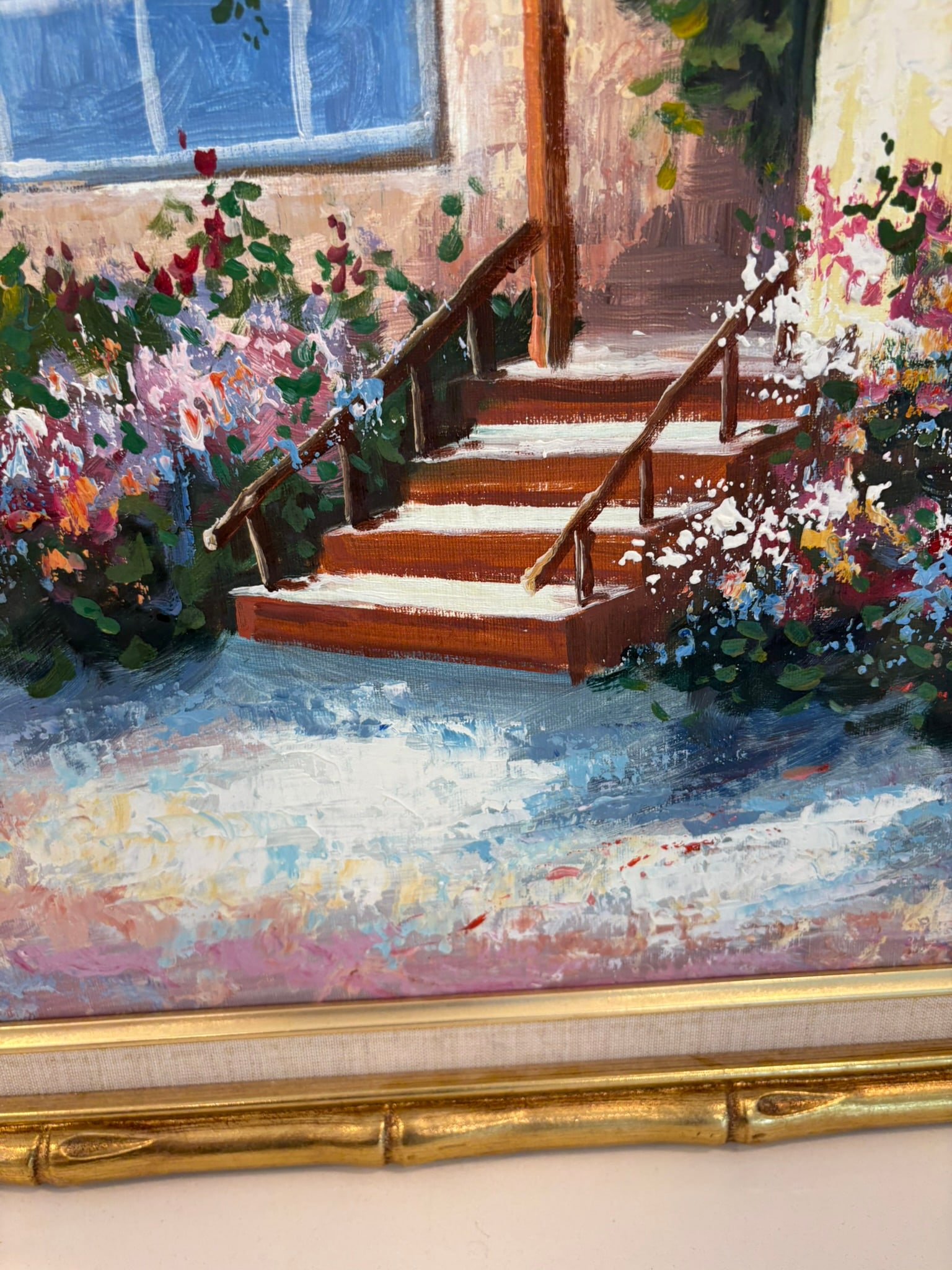 Vintage Framed Cottage Garden Entry Oil Painting With Gold Bamboo Frame - 6