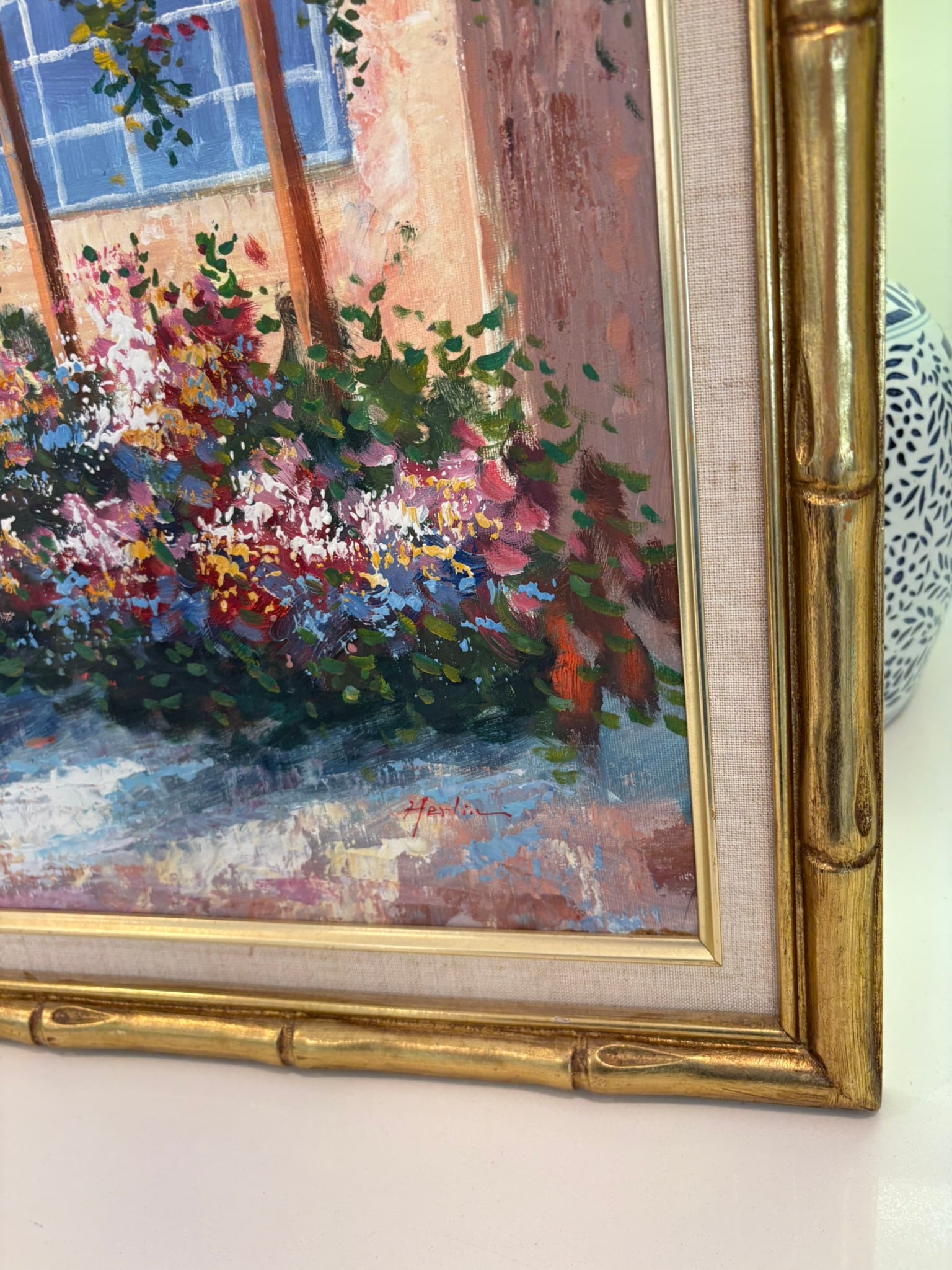Vintage Framed Cottage Garden Entry Oil Painting With Gold Bamboo Frame - 7