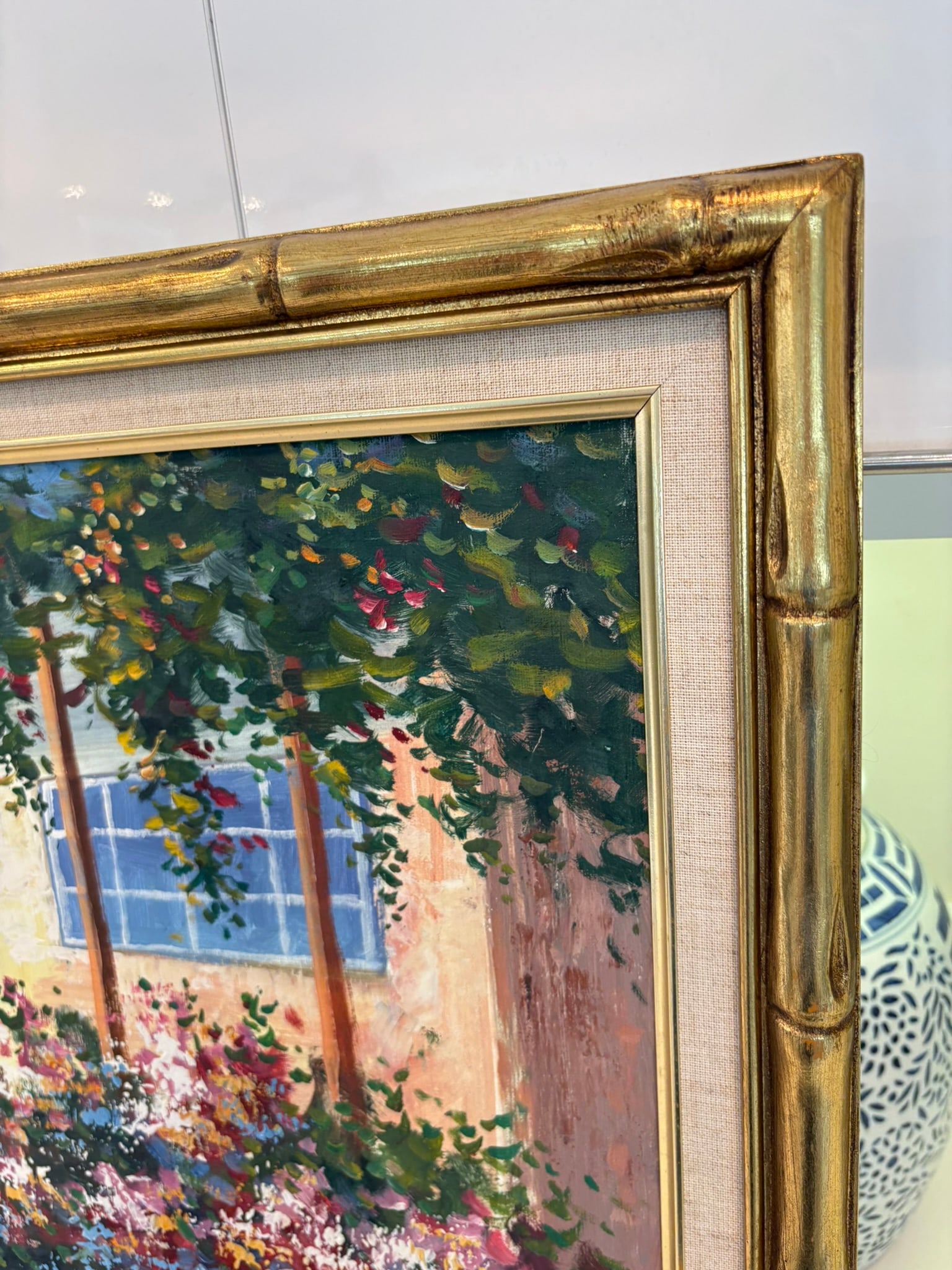 Vintage Framed Cottage Garden Entry Oil Painting With Gold Bamboo Frame - 8