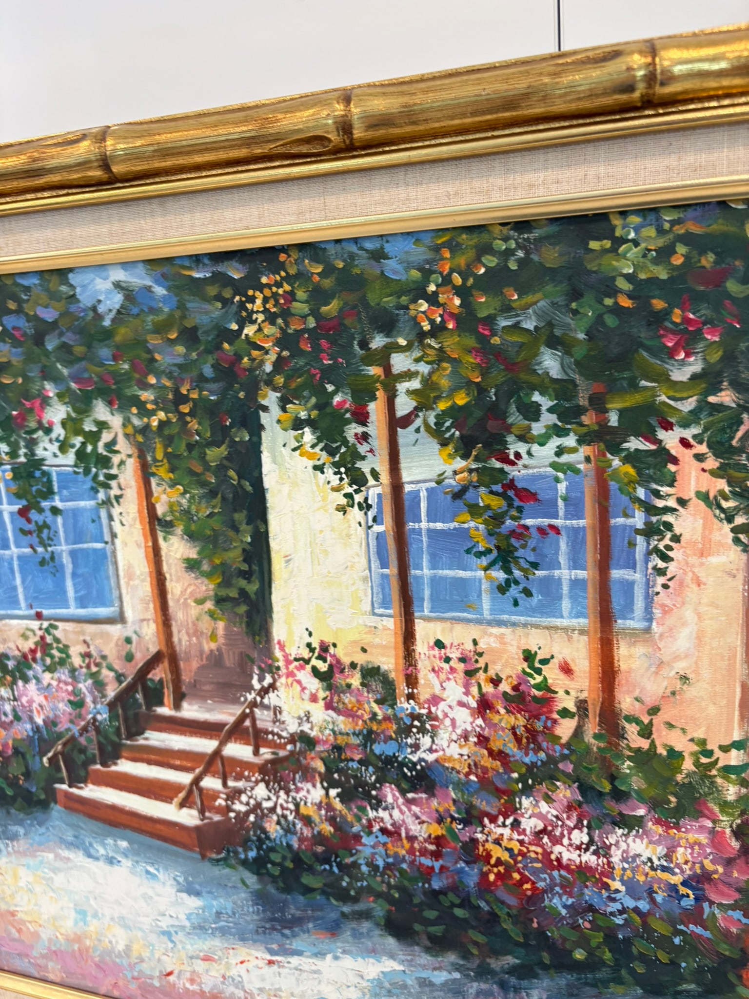 Vintage Framed Cottage Garden Entry Oil Painting With Gold Bamboo Frame - 9