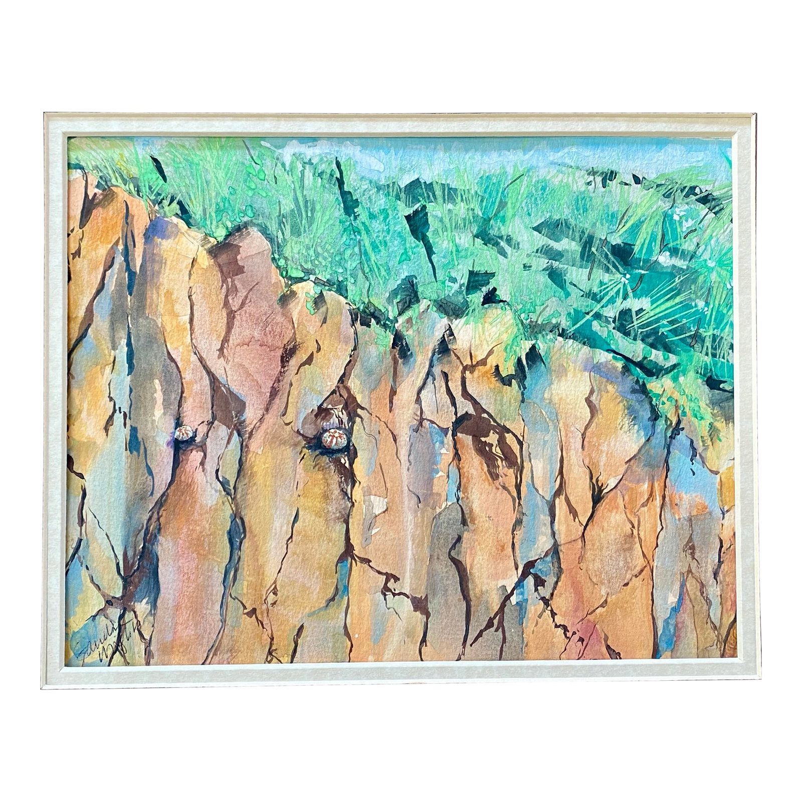 Island Cliff Watercolor Painting by Sandra Wright: This painting of a fabulous cliff was done Plein Aire in St Thomas USVI. Look closely for the brave little cactus growing in the rock. Site size of the picture is 8"x10", currently matted in a double