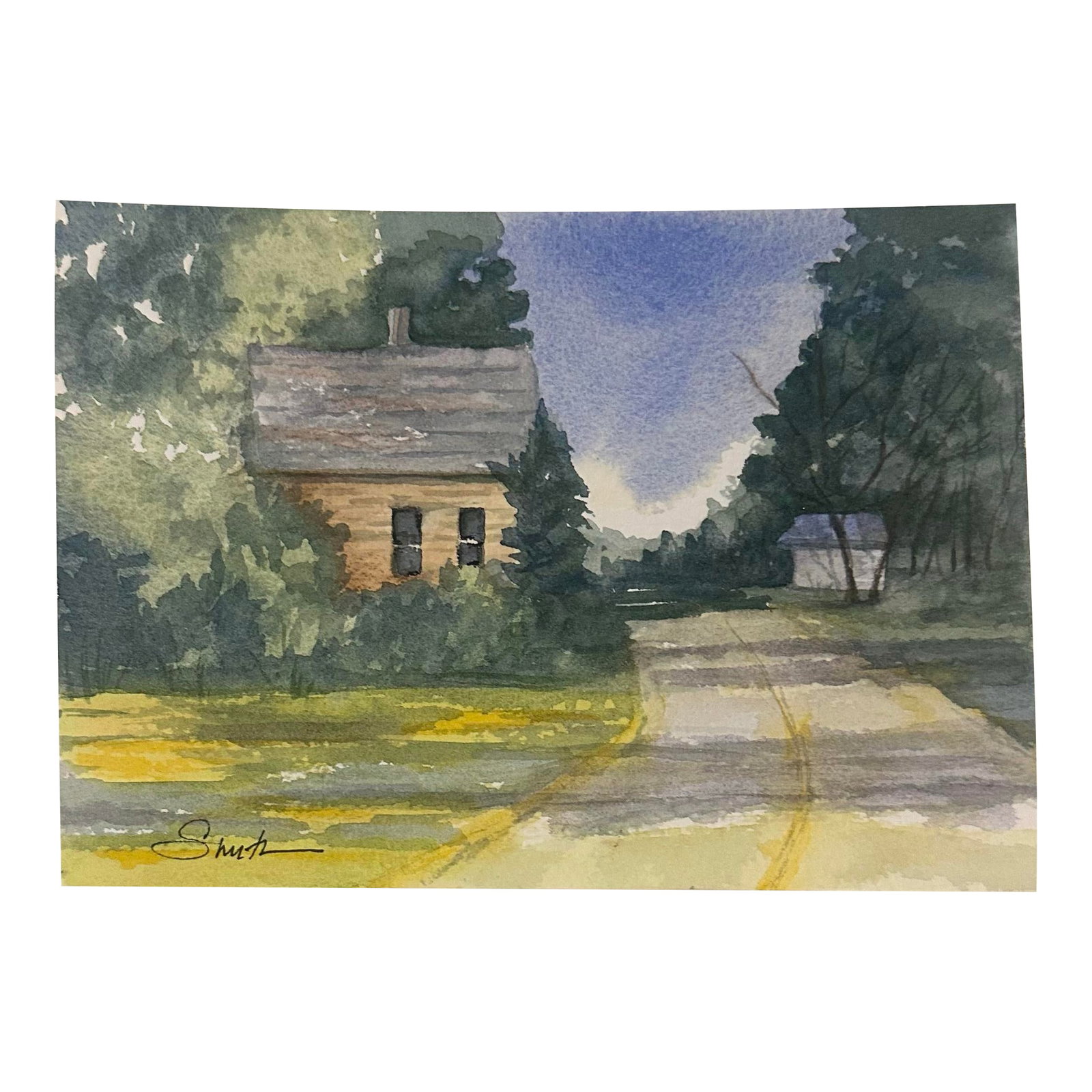 "Quiet Bend in the Road" Signed Original Watercolor Landscape by Nancy Smith: A serene watercolor capturing a quiet country road curving past a small cottage nestled in lush greenery. Soft washes of blue and green create a tranquil, late-afternoon atmosphere, while dappled