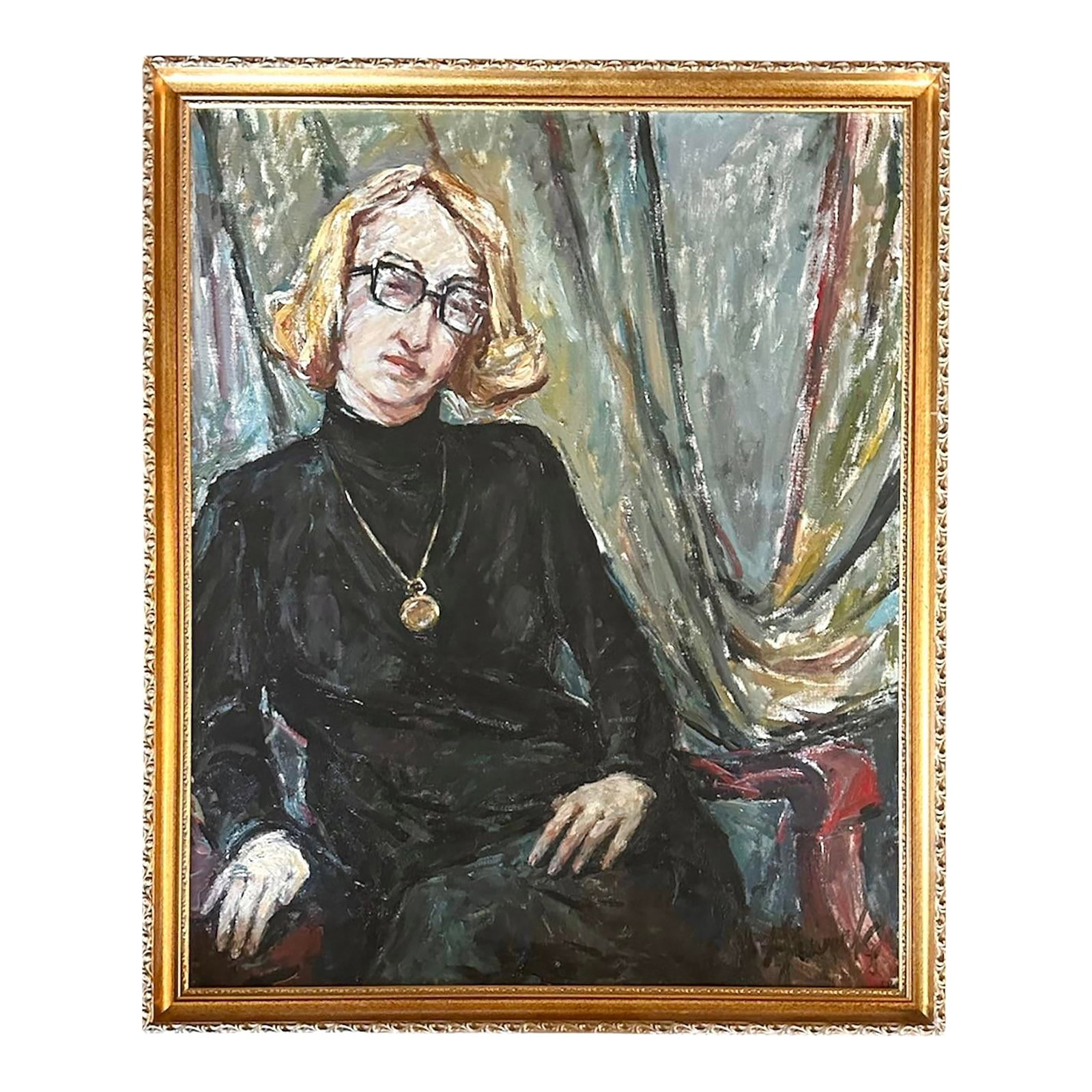 Vintage Gilt Framed Expressionist Oil on Canvas Estate Portrait Painting of Lady, Signed, 1960: A vintage, mid-century oil on canvas portrait. Features an expressionist oil portrait painting of a seated woman wearing glasses and a dark turtleneck dress, set against a stylized, draped background.