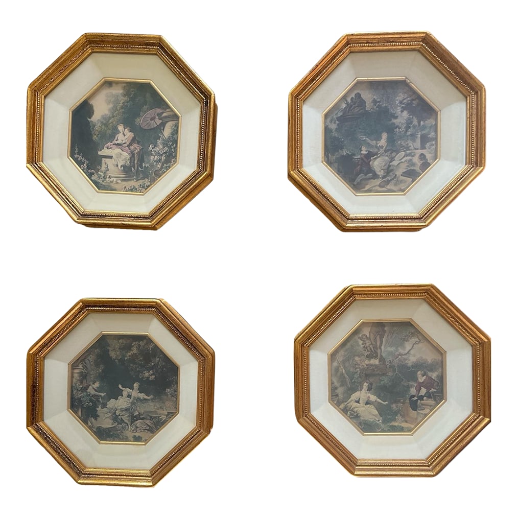 1940s French Set of 4 Fragonard Prints in Gilded Octagonal Frames: Jean Honore Fragonard (1732-1806) As in the pastorals of his former master Boucher, Fragonard's rustic protagonists are envisioned with billowing silk clothing, engaged in amorous pursuits. These