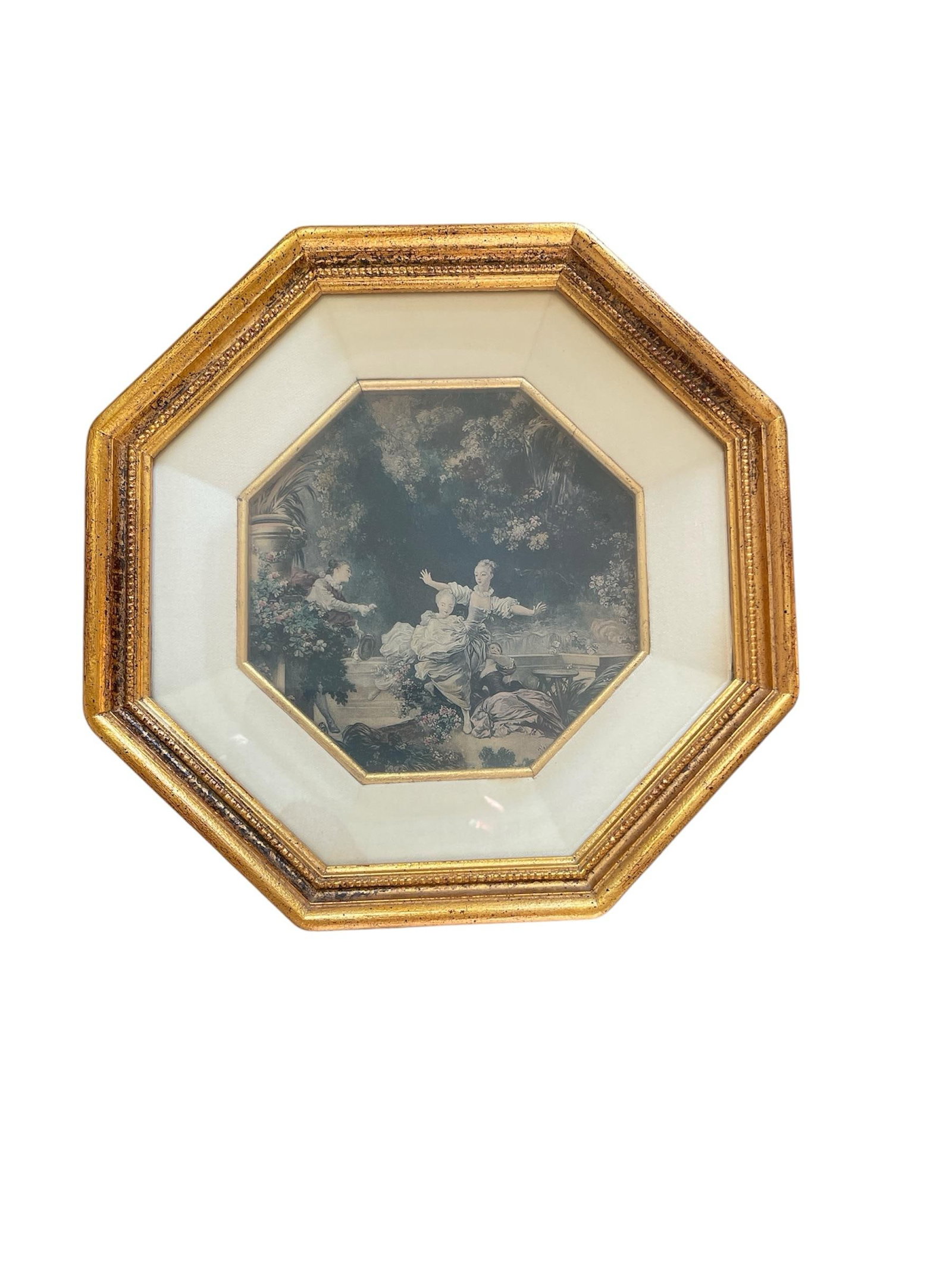 1940s French Set of 4 Fragonard Prints in Gilded Octagonal Frames - 2