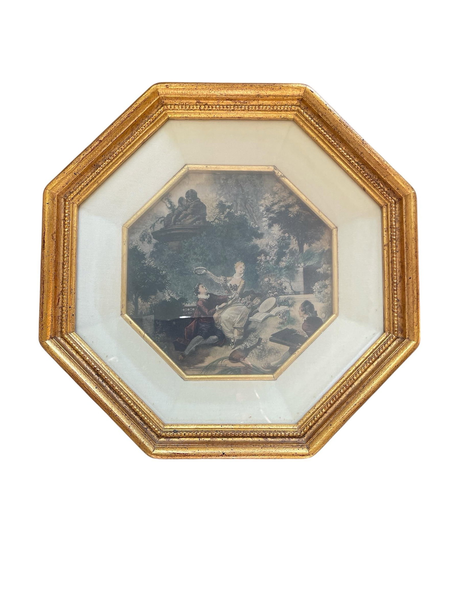 1940s French Set of 4 Fragonard Prints in Gilded Octagonal Frames - 3