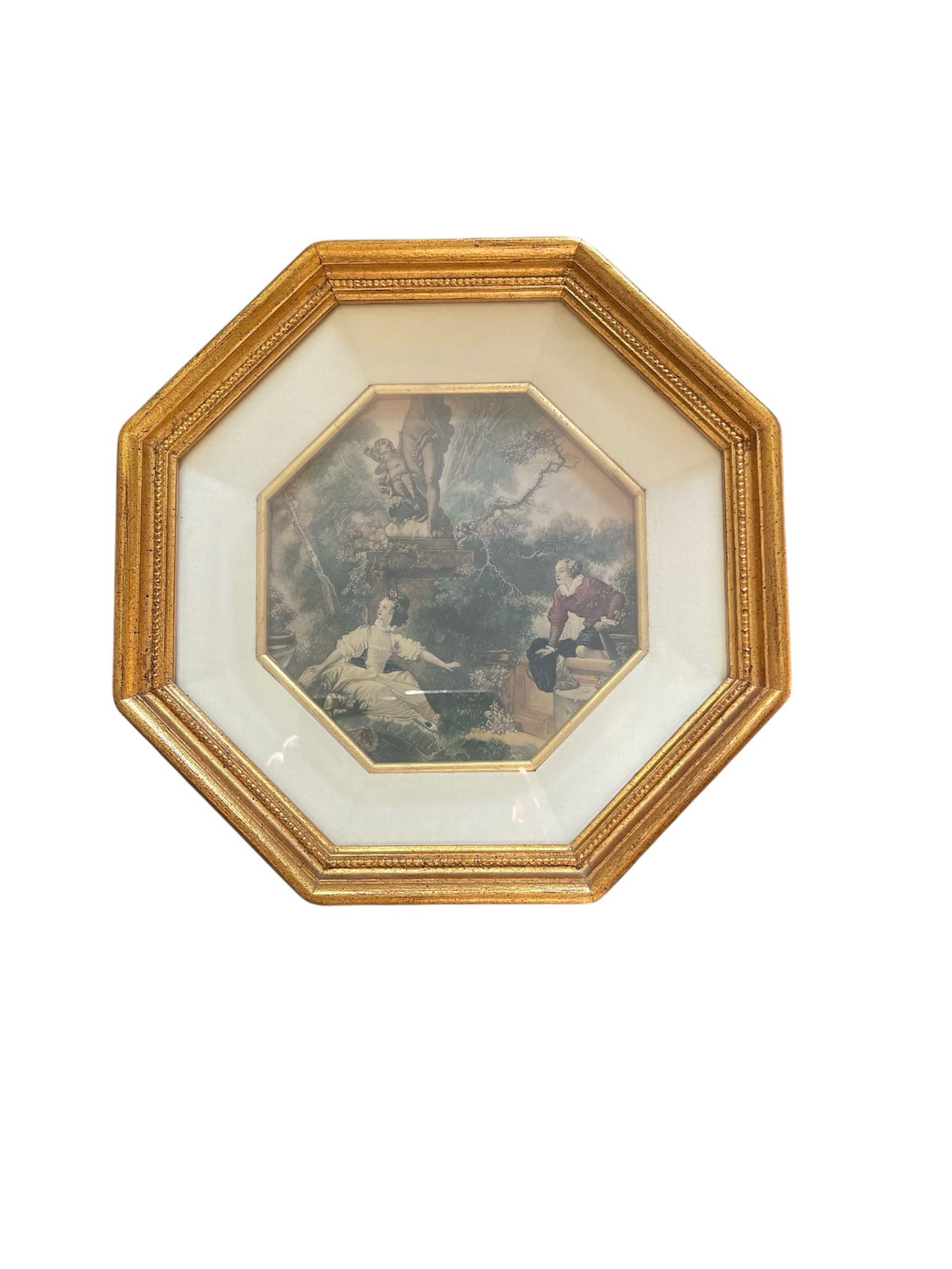 1940s French Set of 4 Fragonard Prints in Gilded Octagonal Frames - 4