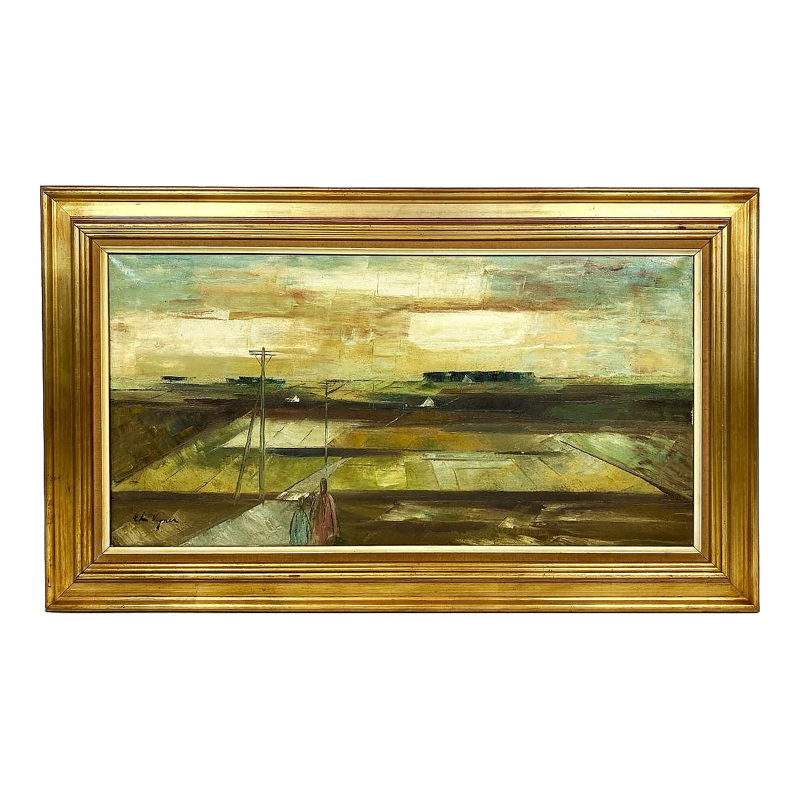 Danish Modern Expressionist Painting Signed: An appealingly moody Danish modern expressionist painting of a landscape with figures. The work is oil/canvas and is signed (Christian Vagner Pederson- Danish B. 1922-1996). The work is presented in