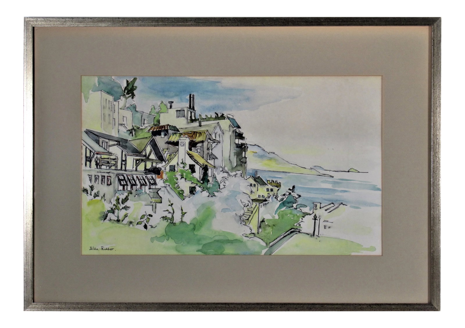 Hilda Kider, View of Angel Island from Tiburon, California II: This Artwork "View of Angel Island from Tiburon, California" c. 1975 is a watercolor on paper by San Francisco Bay Area artist Hilda Kider, 1921-2017. It is hand signed at the lower left corner by