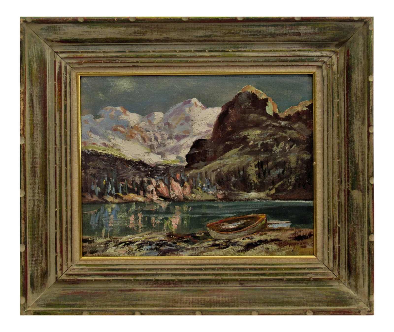 Bernard Shepro, Landscape with Lake, Circa 1950: This artwork "Landscape with Lake c.1950 by noted California artist Bernard Shepro, 1894-1974 is an oil painting on canvas board. It is signed at the lower right corner by the artist. The canvas