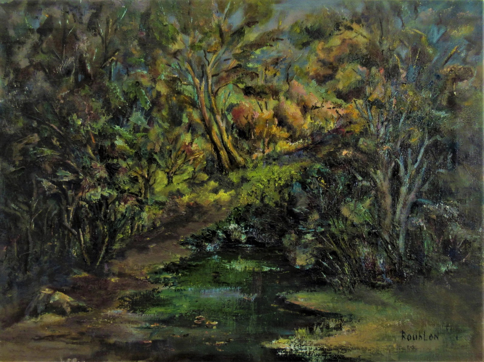 Irina Belotelkin Roublon, Landscape with River, 1966: This artwork " Landscape with River" c.1970 is a oil painting on canvas by Russian artist Irina Belotelkin Roublon 1913-2009. It is signed lower right by the artist. The canvas size is 18 x 24