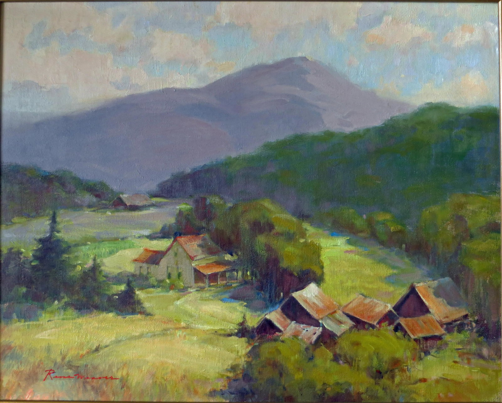Rene Weaver, Bucolic Landscape by Bohemian Club Member: This oil painting depicts a country scene in the hills. It is by Rene Weaver (1897-1984). Based on where Rene Weaver worked and lived during his life, this painting was probably done plein air in