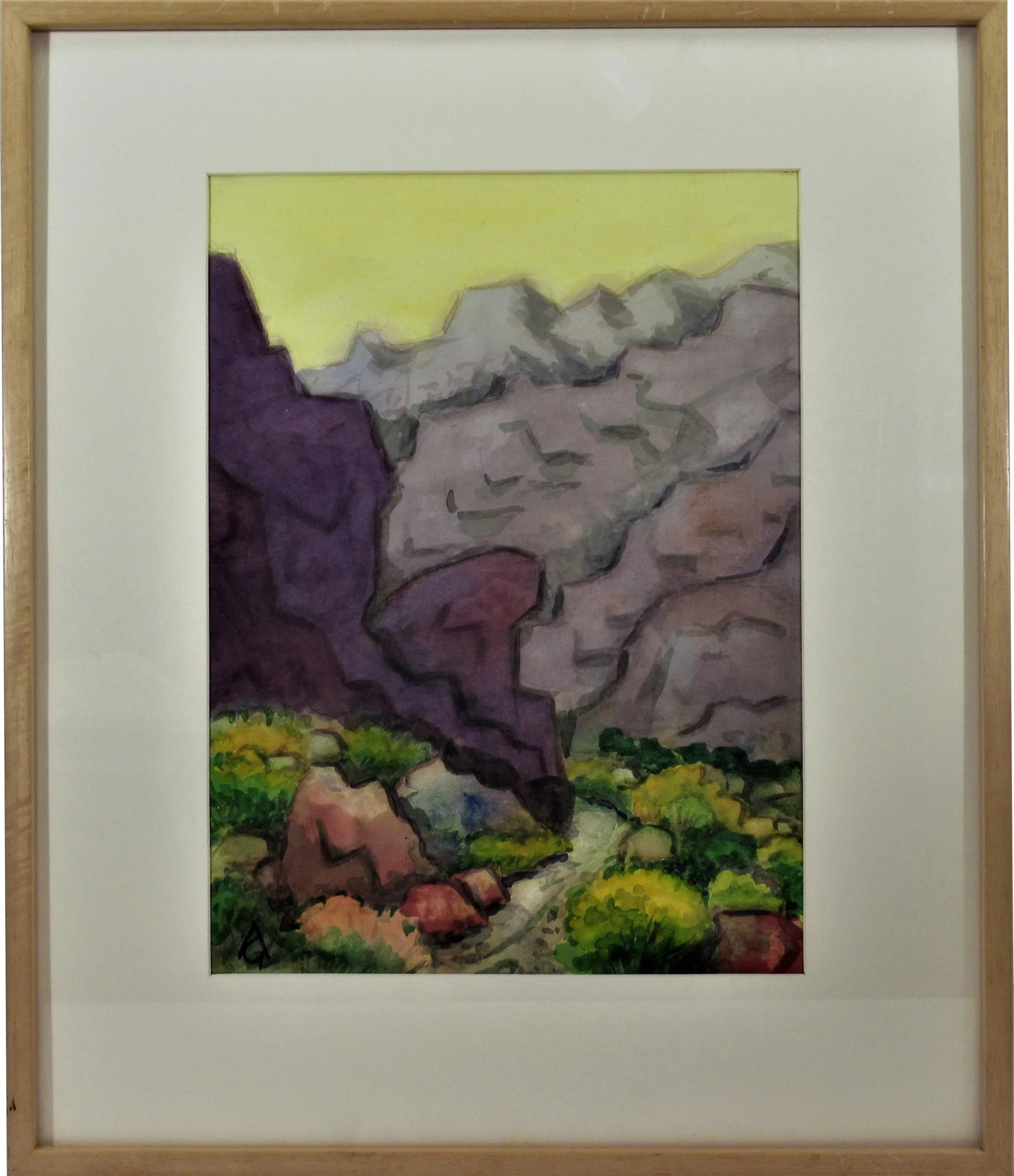 Arnold A. Grossman, Landscape with Trail, Circa 1990: This artwork titled "Landscape with Trail" c.1990 is a watercolor on paper by noted California artist Arnold A. Grossman, 1923-2016. It is signed at the lower right corner by the artist. The artwork