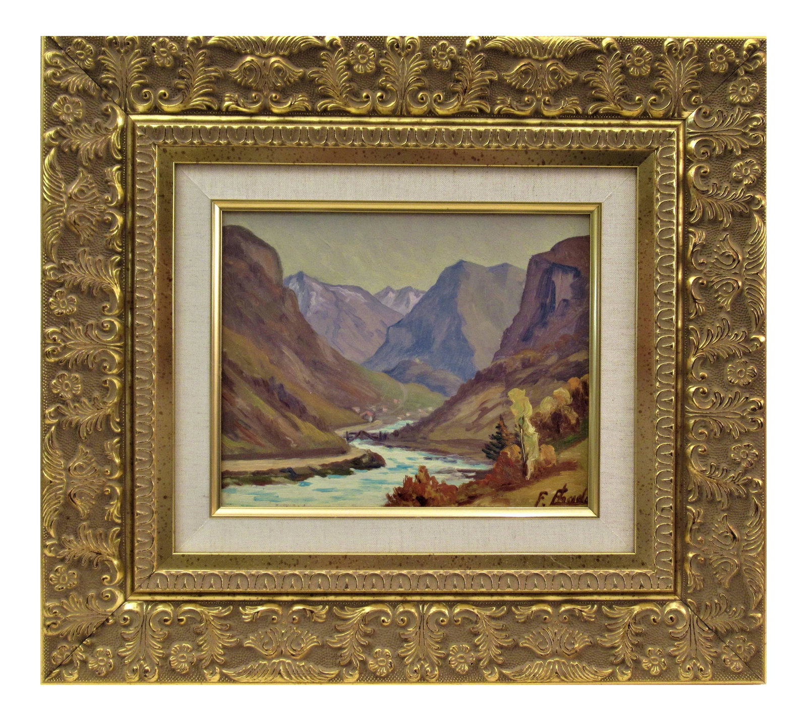 Florent Chade, La Montagne, Pres de Grenoble, Circa 1950: This artwork titled "La Montagne, Pres de Grenoble" circa 1950 is an oil painting on cardboard. It is signed at the lower right corner by the artist. The board size is 8.75 x 10.75 inches, framed