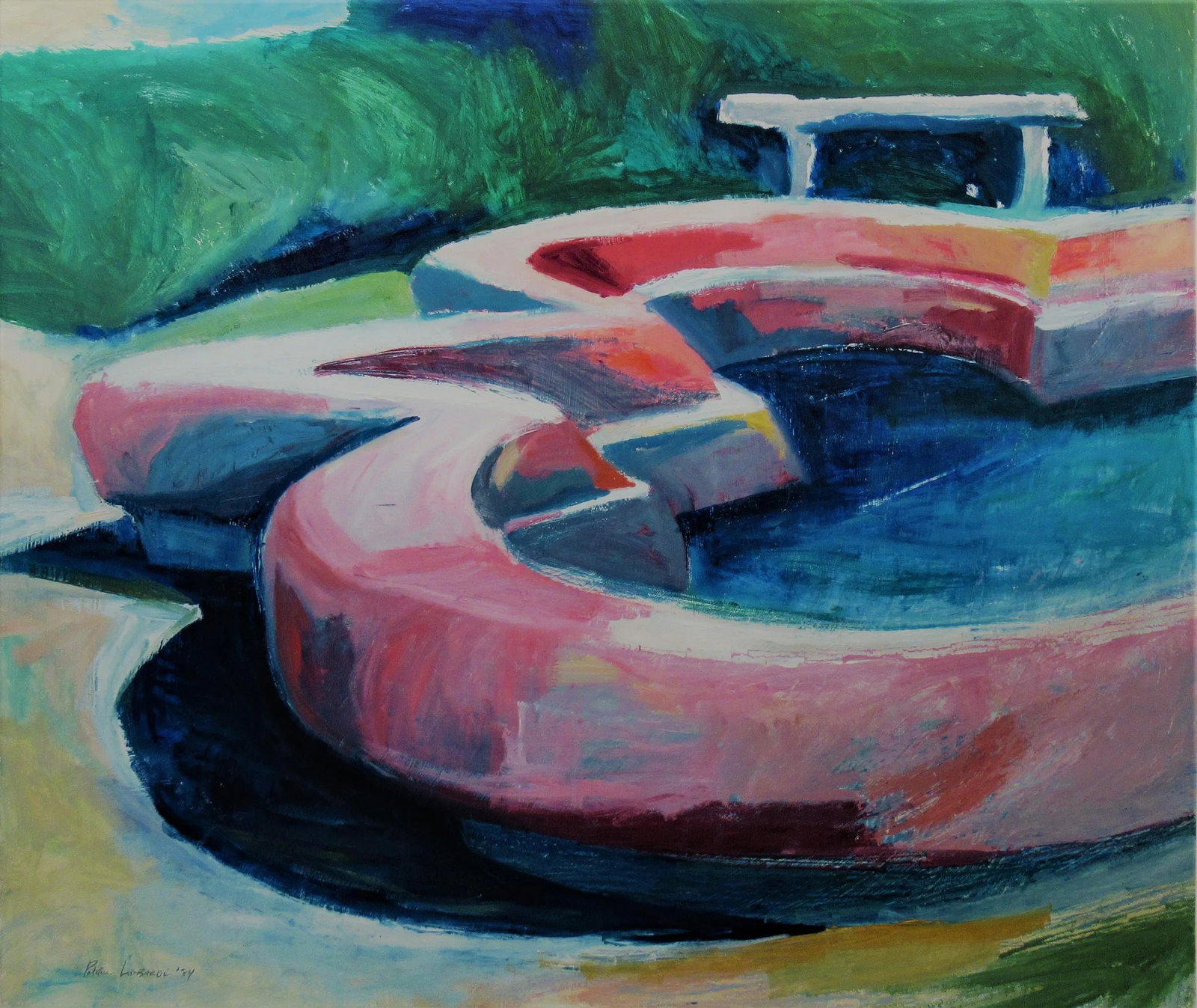 Patrice Lombardi, Villa Schifanoia, Florence., 1984: This colorful artwork ""Villa Schifanoia, Florence" 1984 is an oil painting on paper by American artist Patrice Lombardi. It is signed and dated at the lower left corner by the artist. The size is 36