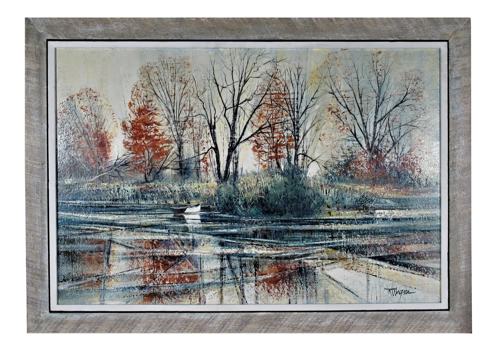 Richard Ellis Wagner, Autumn River Bank, Circa 1955: This artwork titled "Autumn River Bank" c.1955 is an oil painting on canvas by American artist Richard Ellis Wagner 1923-2009 It is signed at the lower right corner by the artist. The canvas size is 2