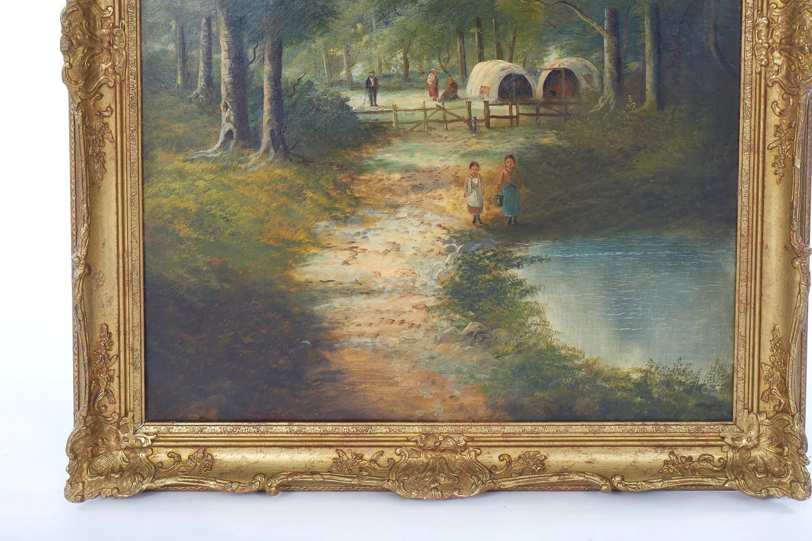 19th Century Continental School Lakeside Scene Oil Painting, Framed - 7