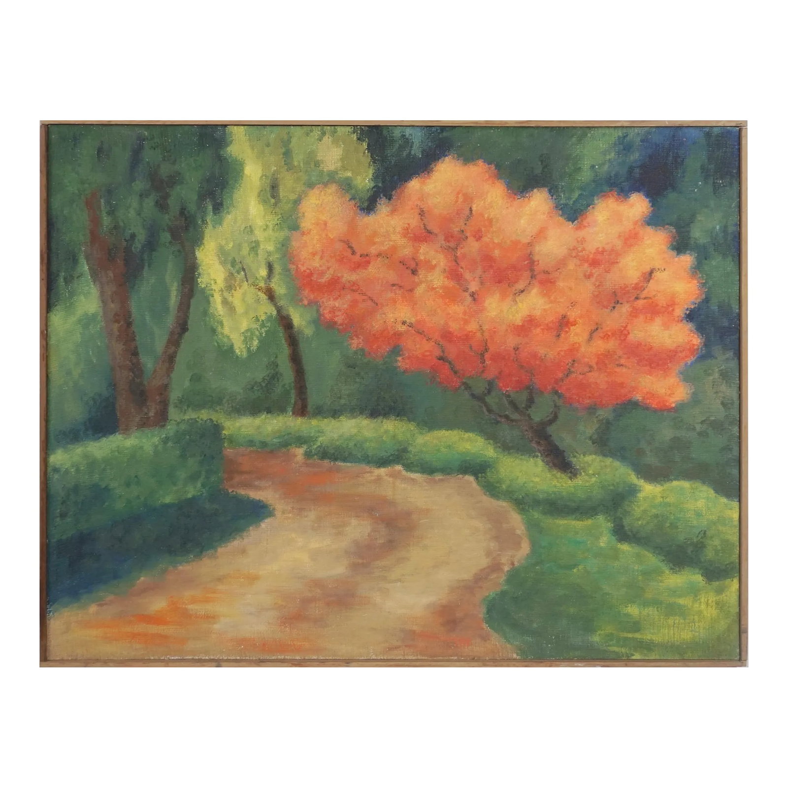 Vintage Maple Tree Lane Landscape Acrylic Painting by Eleanor Perry: Bold landscape of the Maple lined lane by California artist Eleanor Perry (American, 1903-1996). Signed and dated "Eleanor Perry / August 1972 / Acrylic" on verso. Presented in a simple wood slat