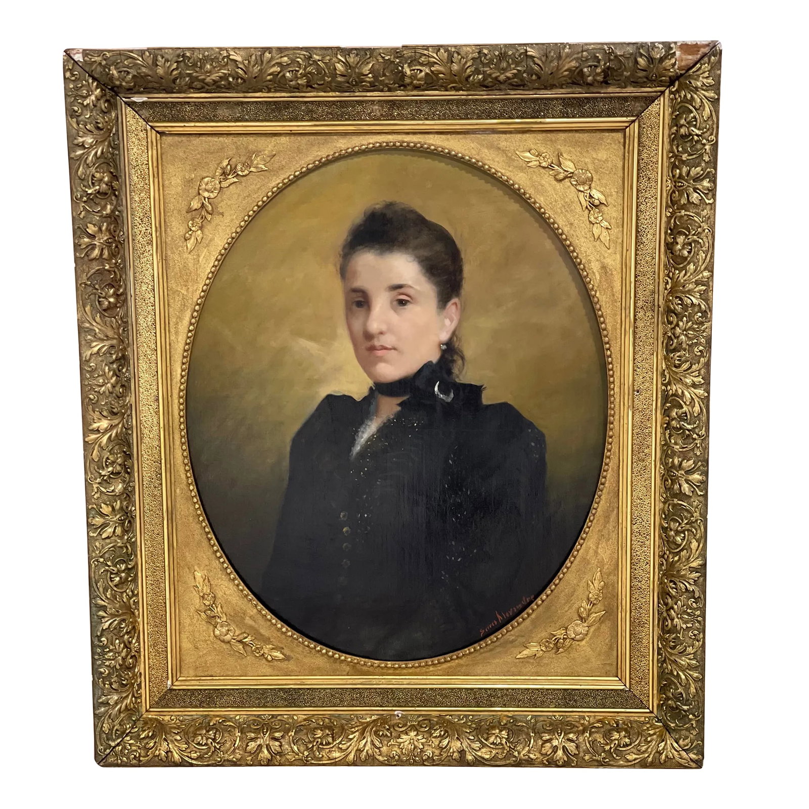 19th Century Medallion Portrait Oil Painting of a Woman on Canvas, Framed: Alexandre Serres signed French portrait in medallion from the end of 19th century Woman dressed in traditional black from the end of the 19th century A lace ribbon ties her neck underlined with a