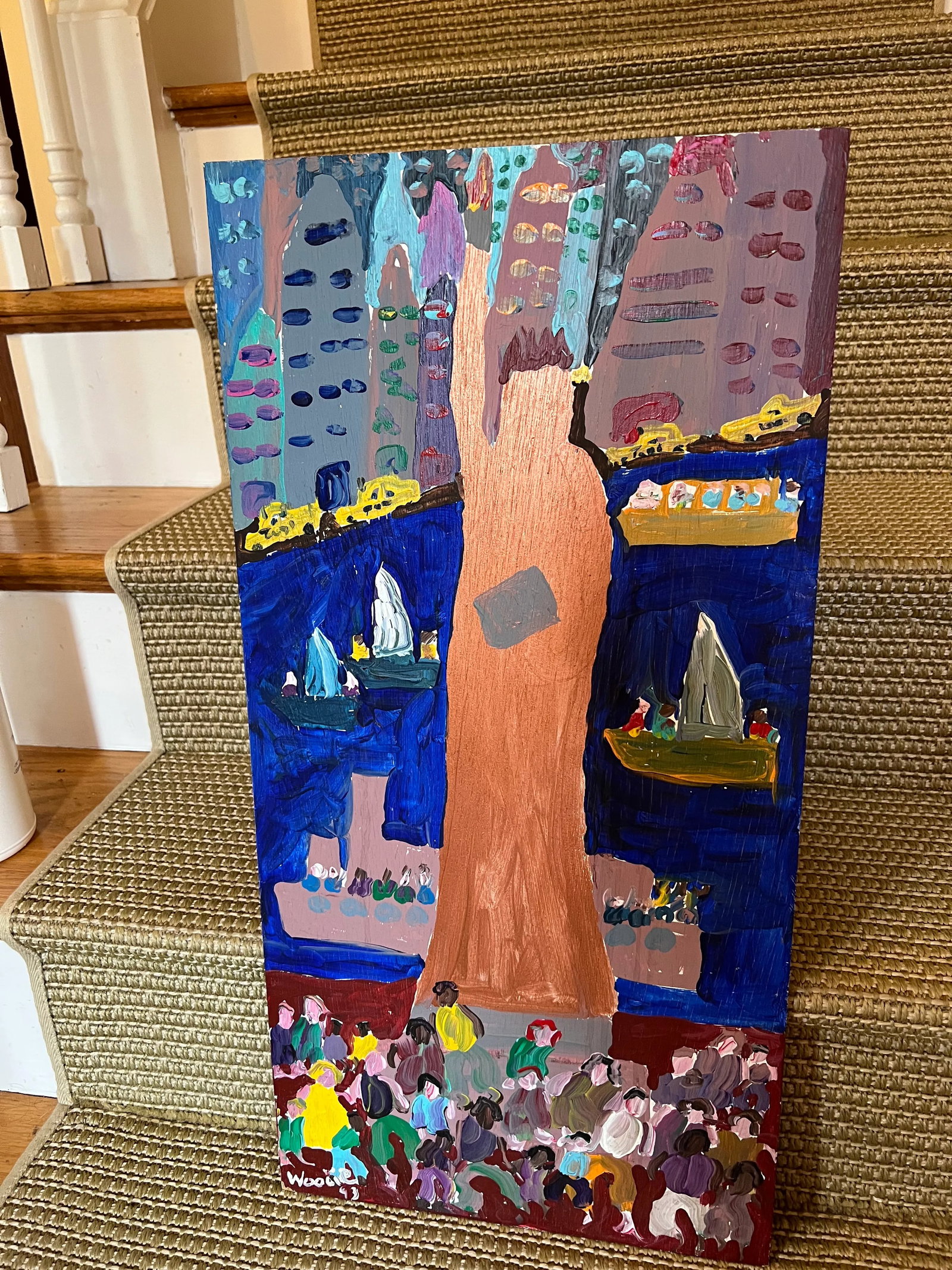 1993 Folk Art Portrait Painting of the Statue of Liberty by Woodie Long - 10
