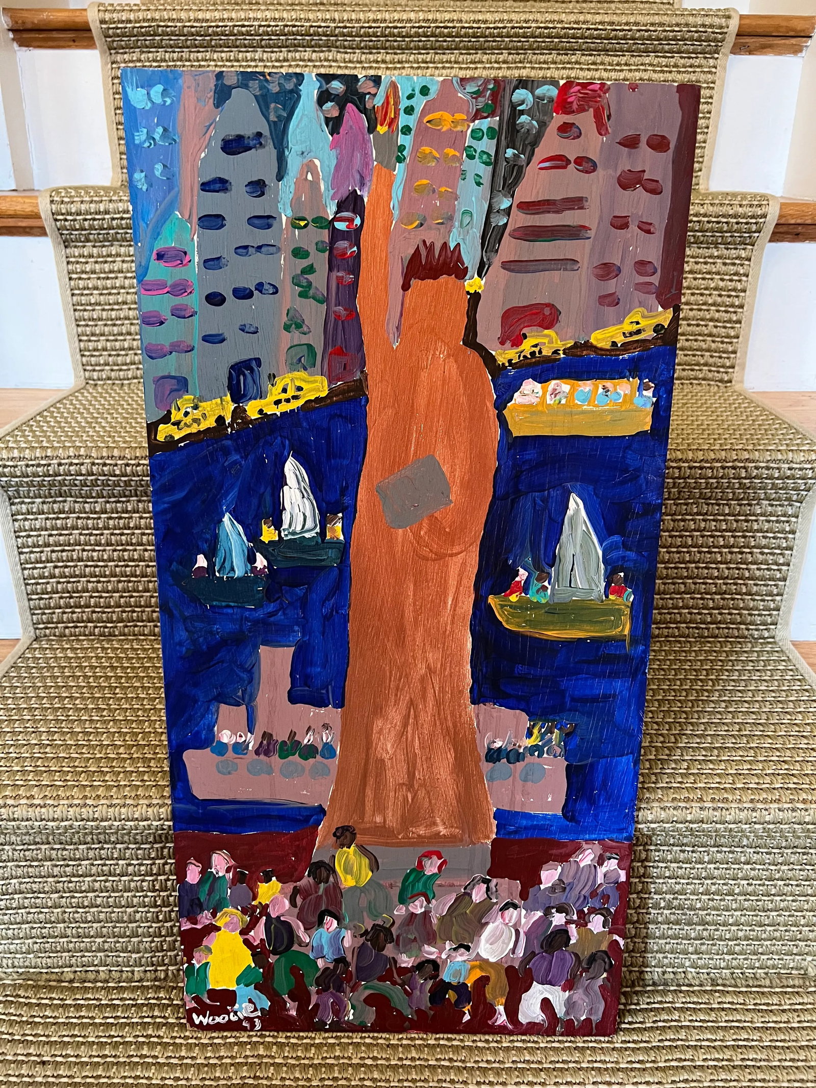 1993 Folk Art Portrait Painting of the Statue of Liberty by Woodie Long - 3