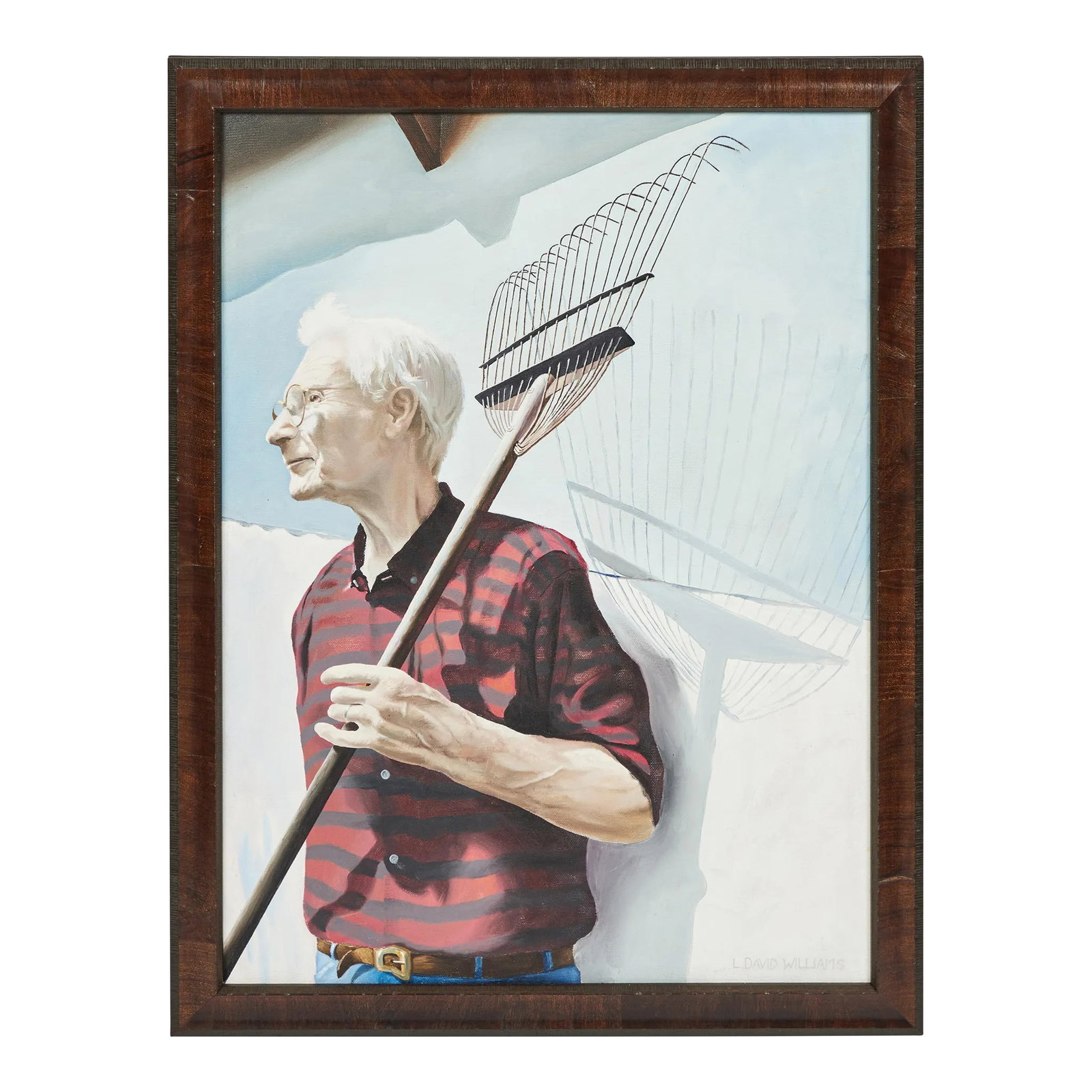 Vintage Oil Painting of a Man Holding a Rake: Realistic and moody, this vintage oil painting of 'A Man Holding a Rake' is an amazing example of fine detail and extreme dedication to this craft. It has been signed by artist L. David Williams and