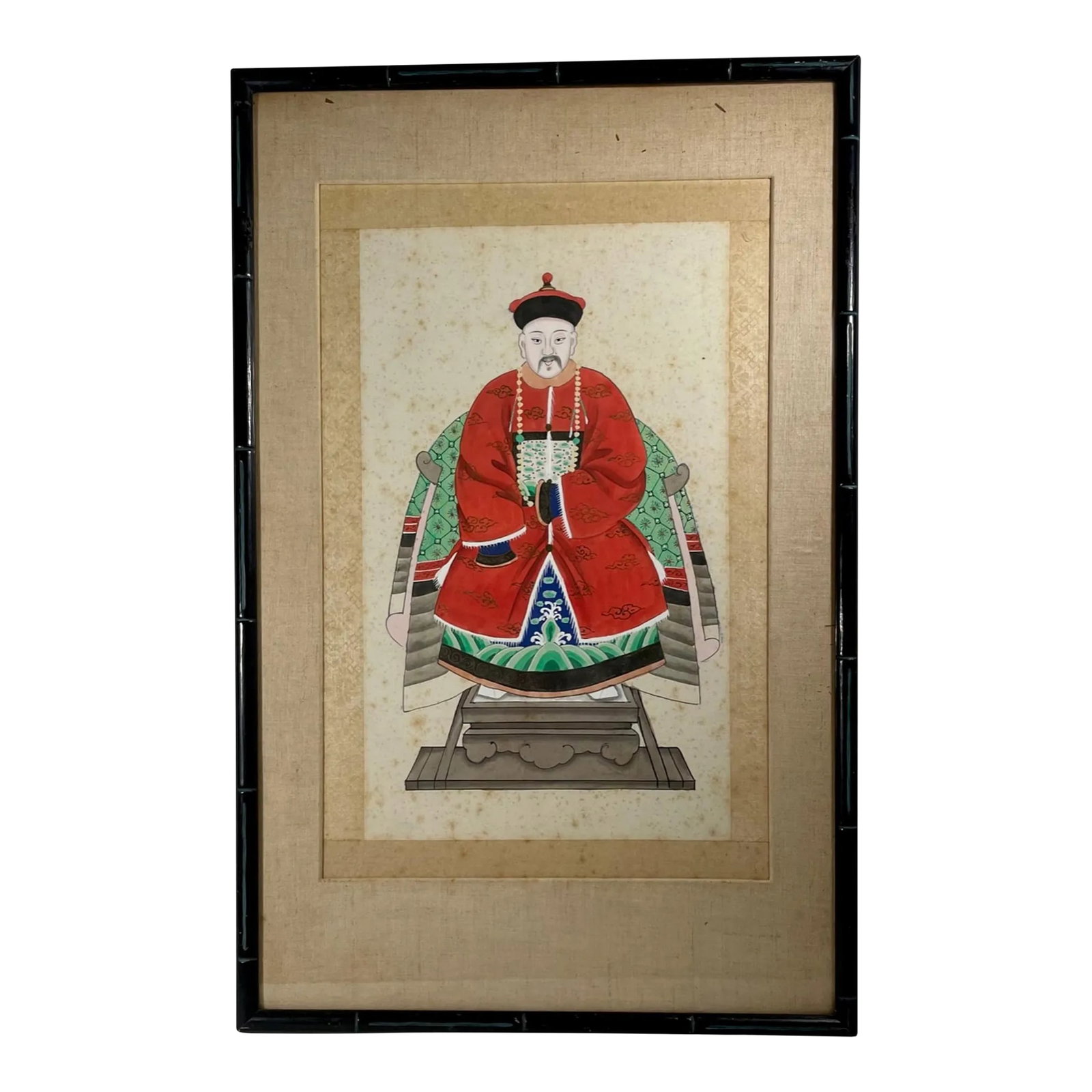 Chinese Ancestor Portrait of a Mandarin Dignitary.: Chinese Ancestor Portrait of a Mandarin Dignitary. Antique tempera on paper painting of a Mandarin Dignitary wearing a red court dress and seated on a throne chair. Based on the style of his formal