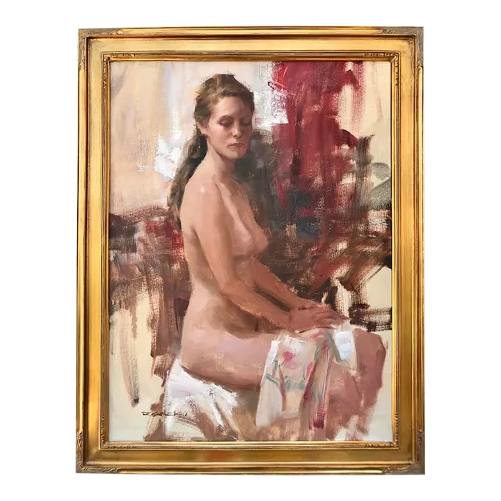 Impressionist Portrait of a Seated Nude Woman: A beautiful vintage impressionist portrait of a seated nude female oil on canvas signed lower left Zamel. Presented in a quality gallery frame. Canvas size 18 x 24" overall size 23" x 29". .